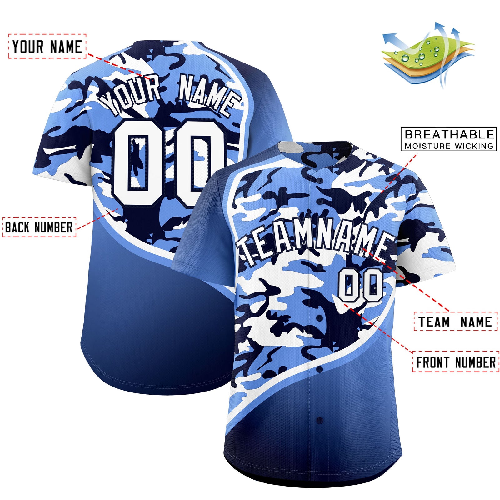 Custom Light Blue Navy White Camo Gradient Fashion Baseball Jersey | Perfect for Training,Sublimation Printed & Stitched,Add Name and Numbern,Perfect for Teams | KXKSHOP
