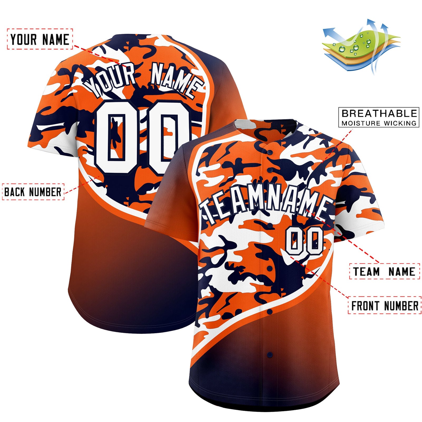 Custom Orange Navy White Camo Gradient Fashion Baseball Jersey | Perfect for Training,Sublimation Printed & Stitched,Add Name and Numbern,Perfect for Teams | KXKSHOP