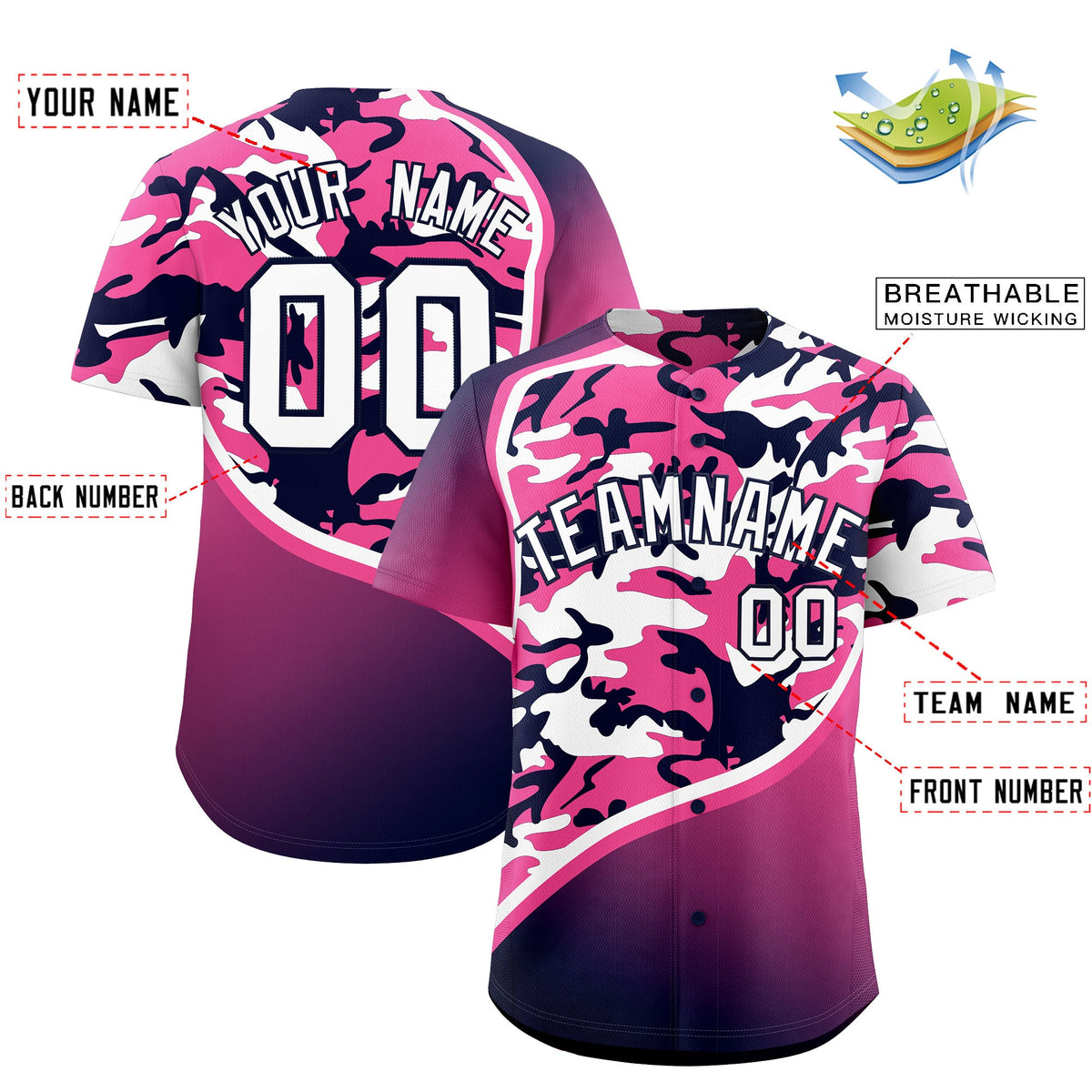 Custom Pink Navy White Camo Gradient Fashion Baseball Jersey | Perfect for Training,Sublimation Printed &amp; Stitched,Add Name and Numbern,Perfect for Teams | KXKSHOP