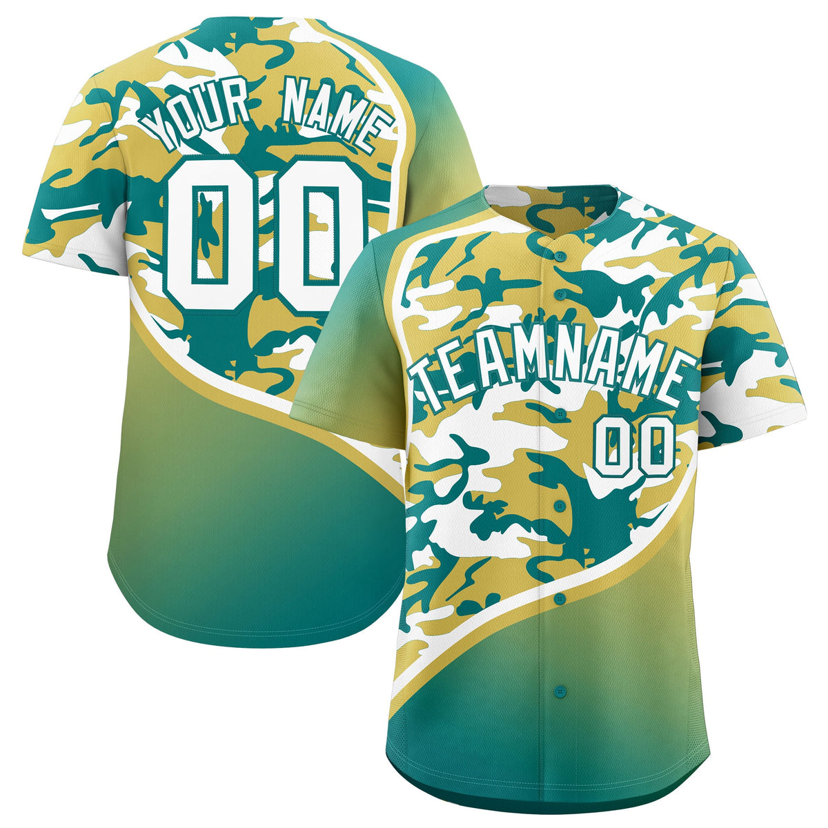 Custom Old Gold Teal White Camo Gradient Fashion Baseball Jersey | Perfect for Training,Sublimation Printed &amp; Stitched,Add Name and Numbern,Perfect for Teams | KXKSHOP
