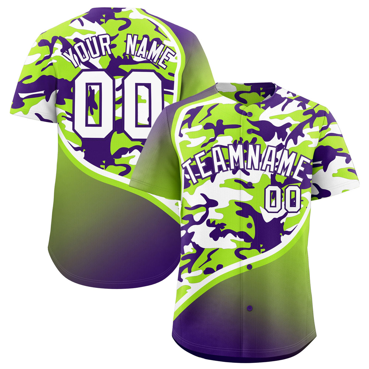 Custom Neon Green Purple White Camo Gradient Fashion Baseball Jersey | Perfect for Training,Sublimation Printed &amp; Stitched,Add Name and Numbern,Perfect for Teams | KXKSHOP