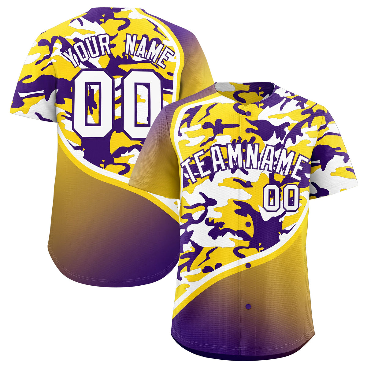 Custom Gold Purple White Camo Gradient Fashion Baseball Jersey | Perfect for Training,Sublimation Printed &amp; Stitched,Add Name and Numbern,Perfect for Teams | KXKSHOP