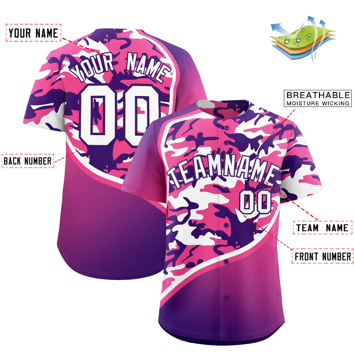 Custom Pink Purple White Camo Gradient Fashion Baseball Jersey | Perfect for Training,Sublimation Printed &amp; Stitched,Add Name and Numbern,Perfect for Teams | KXKSHOP