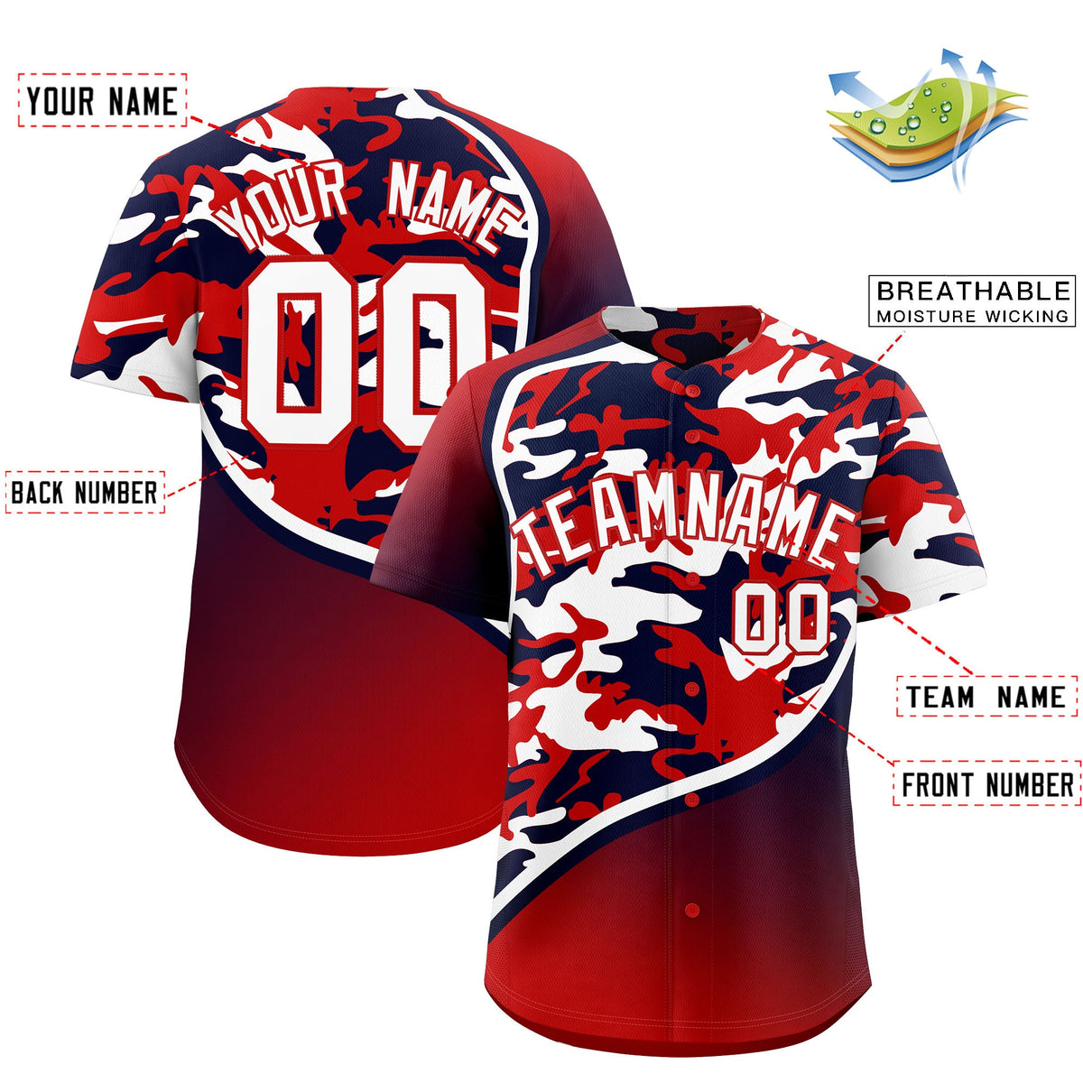 Custom Red Navy White Camo Gradient Fashion Baseball Jersey | Perfect for Training,Sublimation Printed &amp; Stitched,Add Name and Numbern,Perfect for Teams | KXKSHOP
