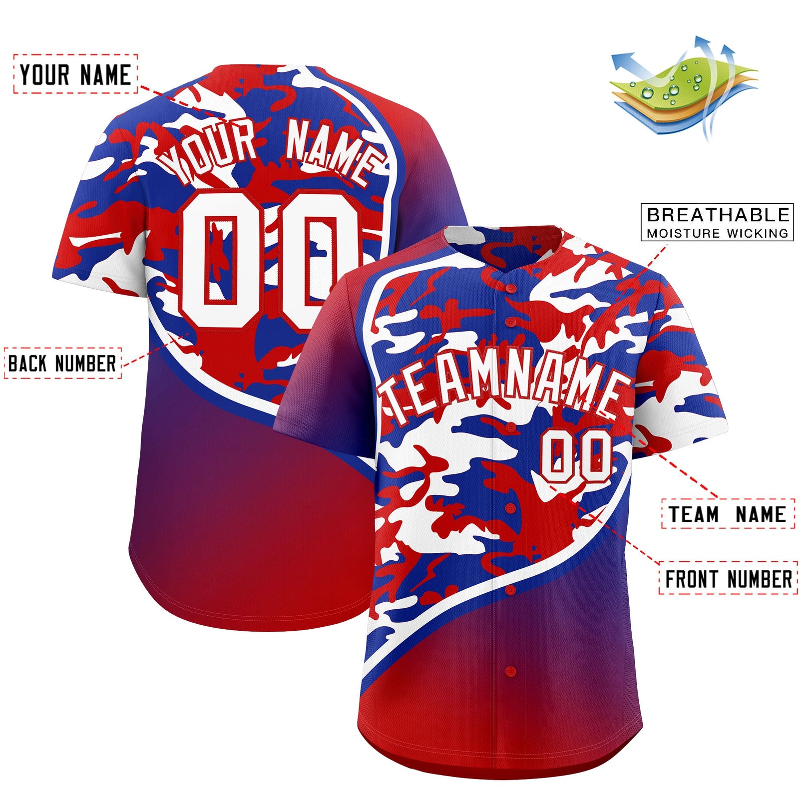 Custom Red Royal Blue White Camo Gradient Fashion Baseball Jersey | Perfect for Training,Sublimation Printed & Stitched,Add Name and Numbern,Perfect for Teams | KXKSHOP