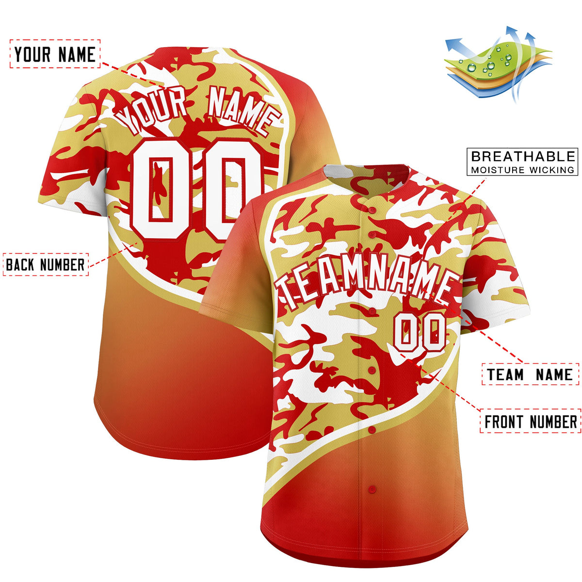 Custom Old Gold Red White Camo Gradient Fashion Baseball Jersey | Perfect for Training,Sublimation Printed &amp; Stitched,Add Name and Numbern,Perfect for Teams | KXKSHOP