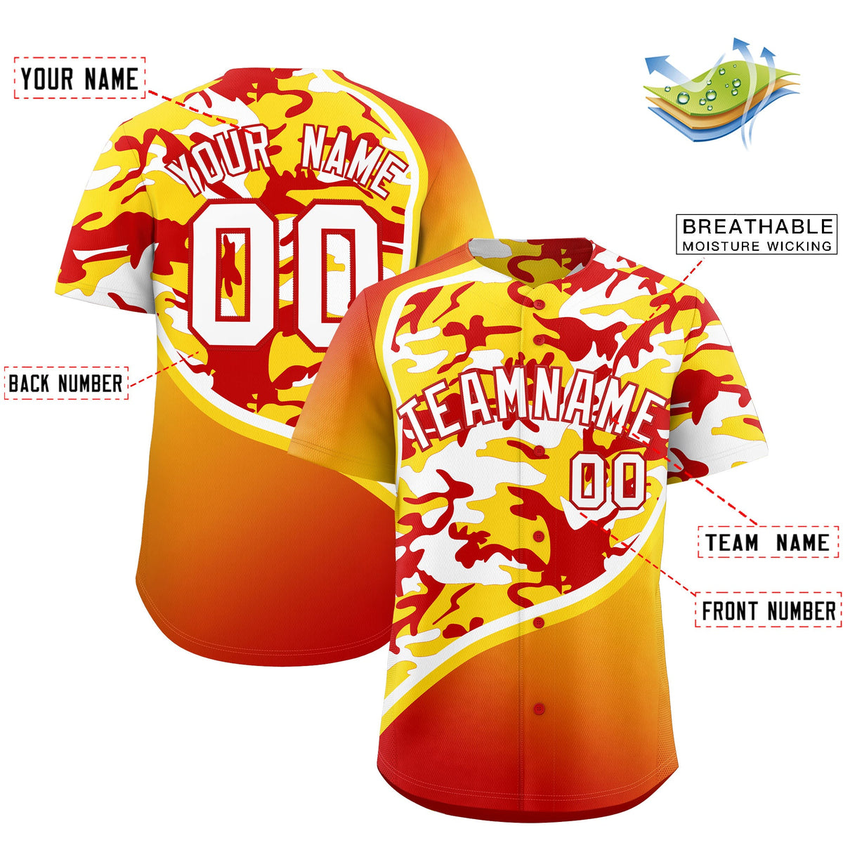 Custom Gold Red White Camo Gradient Fashion Baseball Jersey | Perfect for Training,Sublimation Printed &amp; Stitched,Add Name and Numbern,Perfect for Teams | KXKSHOP