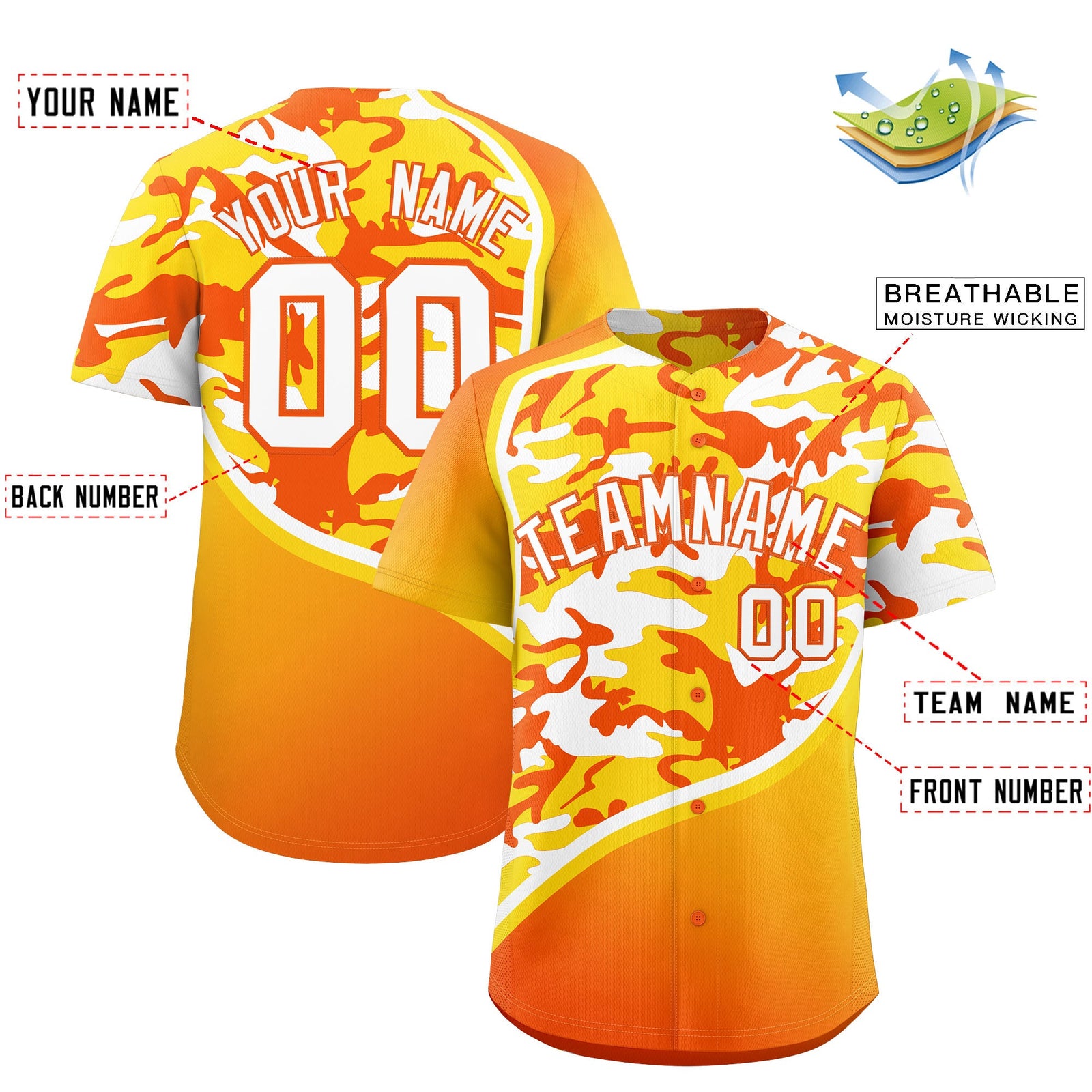 Custom Gold Orange White Camo Gradient Fashion Baseball Jersey | Perfect for Training,Sublimation Printed & Stitched,Add Name and Numbern,Perfect for Teams | KXKSHOP