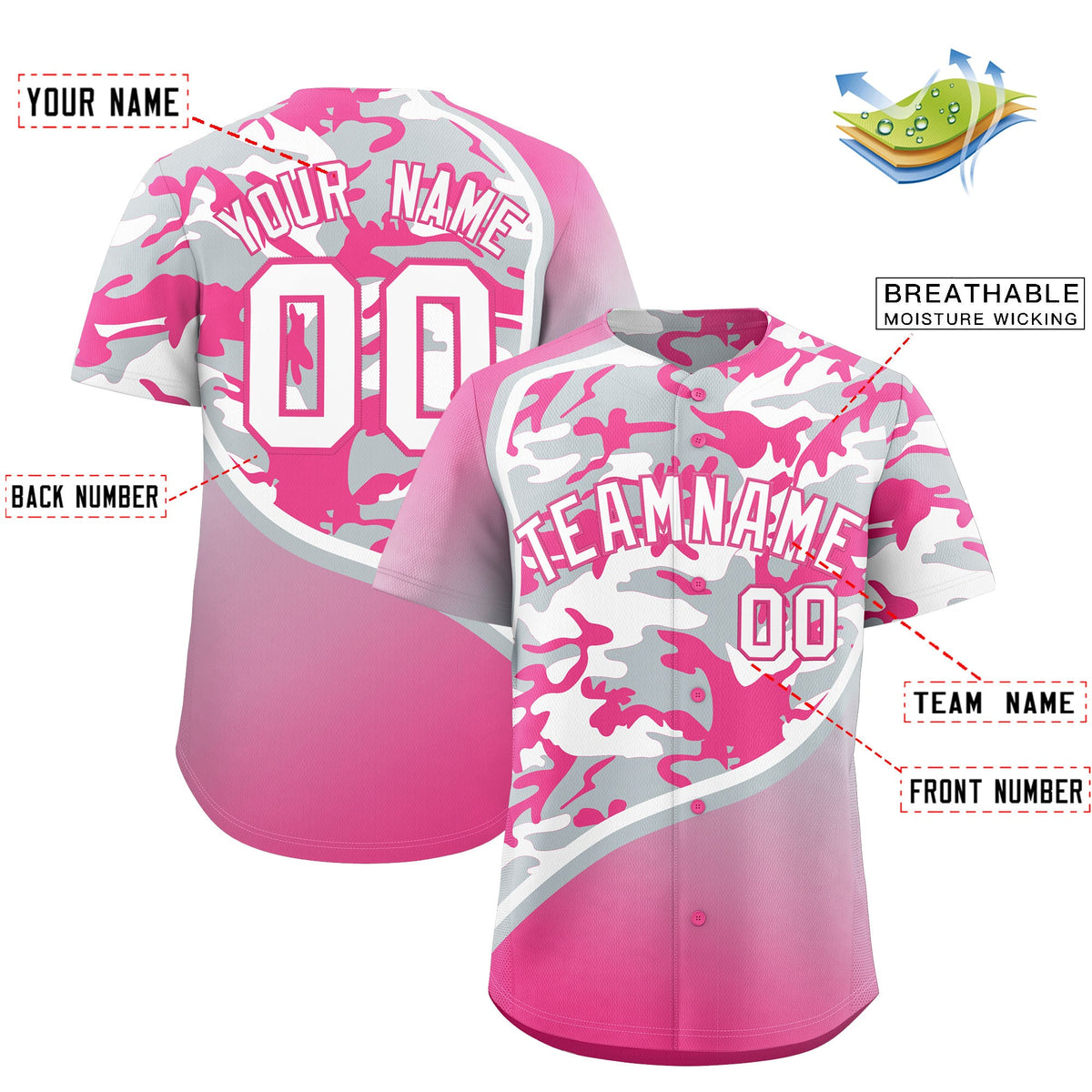 Custom Silver White Pink Camo Gradient Fashion Baseball Jersey | Perfect for Training,Sublimation Printed &amp; Stitched,Add Name and Numbern,Perfect for Teams | KXKSHOP