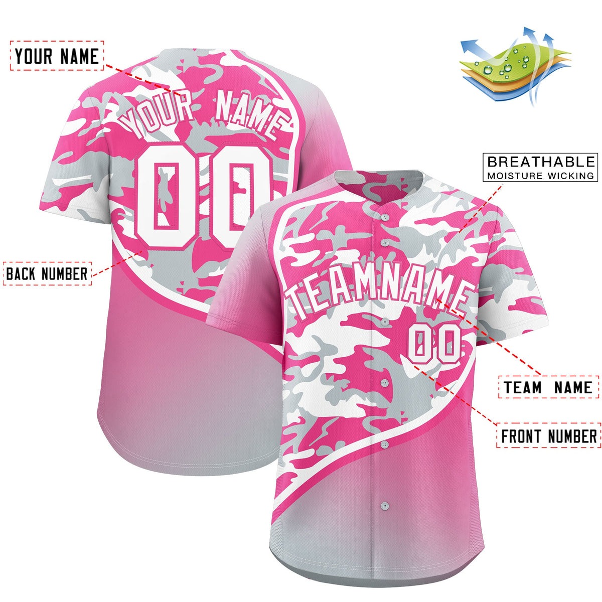 Custom Pink Silver White Camo Gradient Fashion Baseball Jersey | Perfect for Training,Sublimation Printed &amp; Stitched,Add Name and Numbern,Perfect for Teams | KXKSHOP
