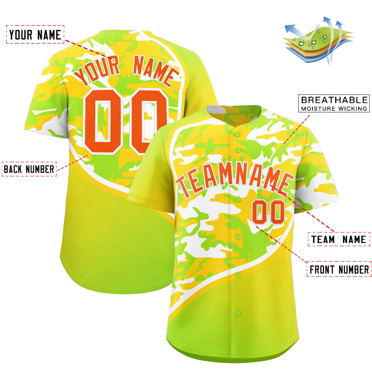 Custom Neon Green Gold White Camo Gradient Fashion Baseball Jersey | Perfect for Training,Sublimation Printed &amp; Stitched,Add Name and Numbern,Perfect for Teams | KXKSHOP