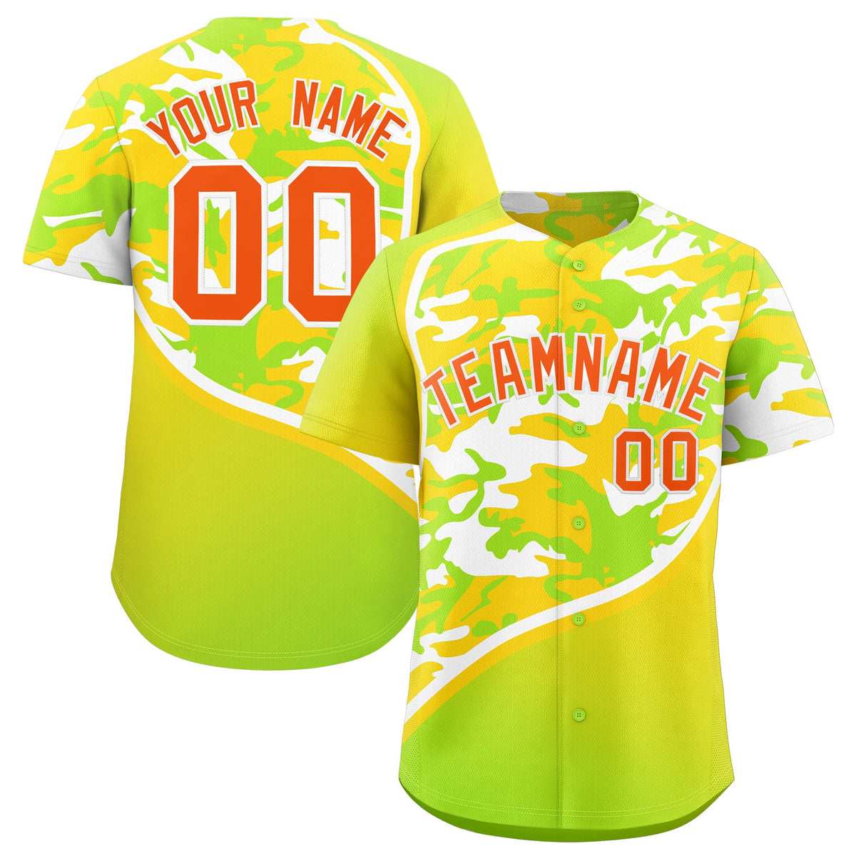 Custom Neon Green Gold White Camo Gradient Fashion Baseball Jersey | Perfect for Training,Sublimation Printed &amp; Stitched,Add Name and Numbern,Perfect for Teams | KXKSHOP