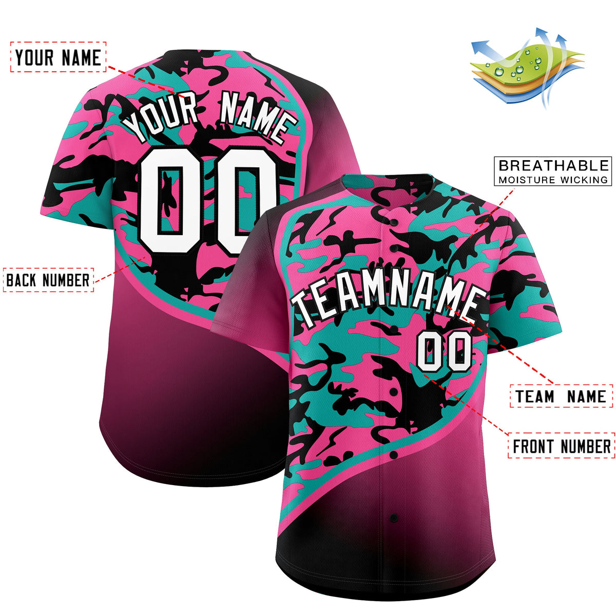 Custom Aqua Pink Black Camo Gradient Fashion Baseball Jersey | Perfect for Training,Sublimation Printed &amp; Stitched,Add Name and Numbern,Perfect for Teams | KXKSHOP