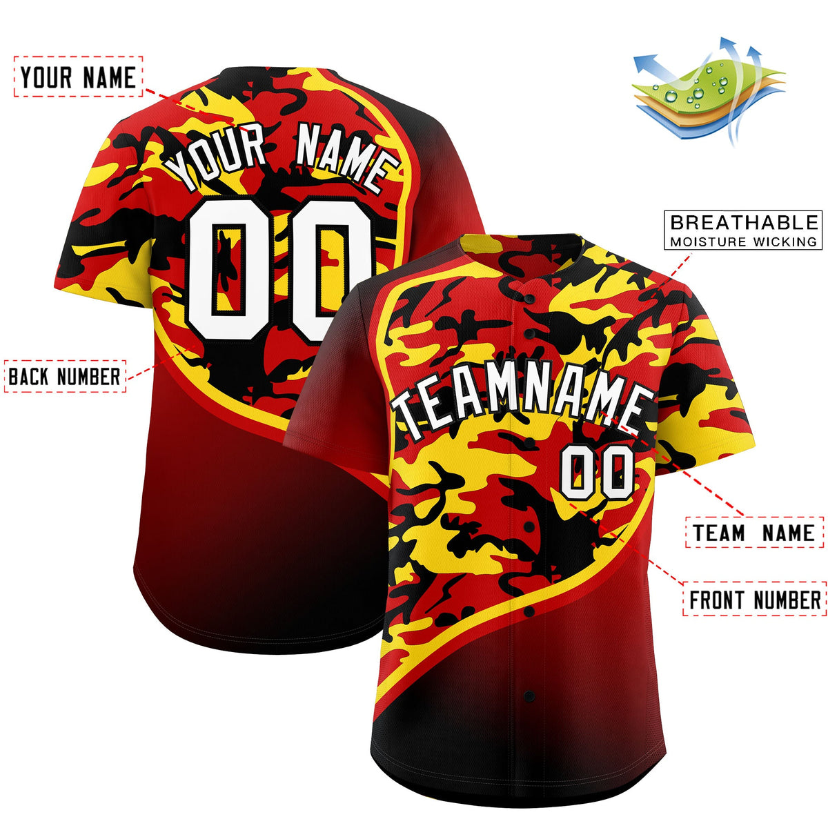 Custom Red Gold Black Camo Gradient Fashion Baseball Jersey | Perfect for Training,Sublimation Printed &amp; Stitched,Add Name and Numbern,Perfect for Teams | KXKSHOP