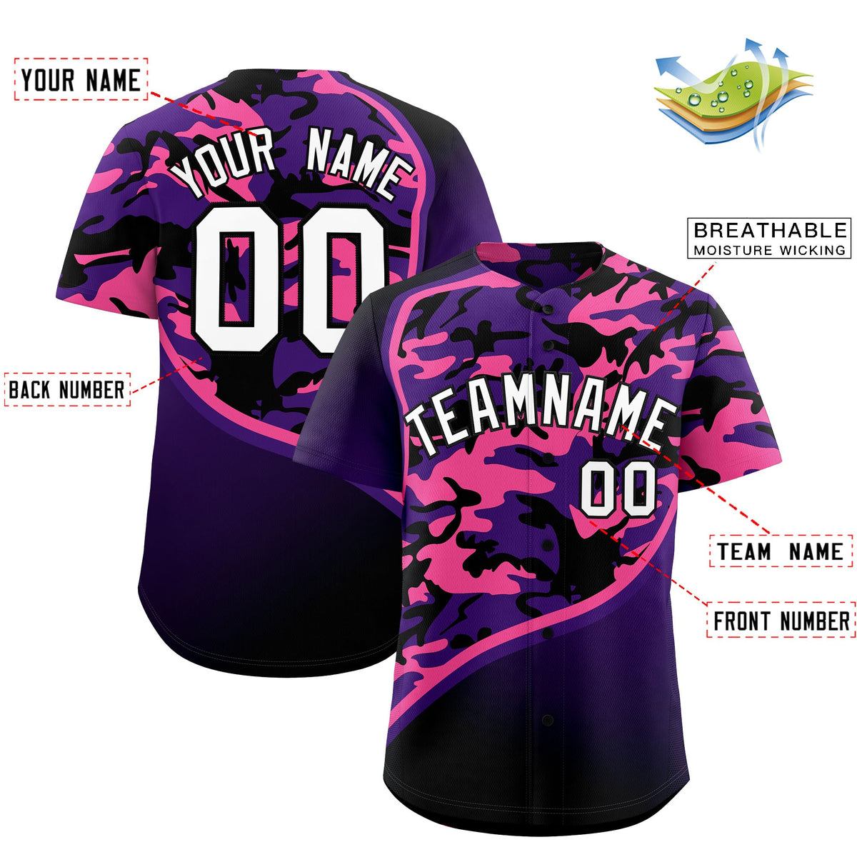 Custom Purple Pink Black Camo Gradient Fashion Baseball Jersey | Perfect for Training,Sublimation Printed &amp; Stitched,Add Name and Numbern,Perfect for Teams | KXKSHOP