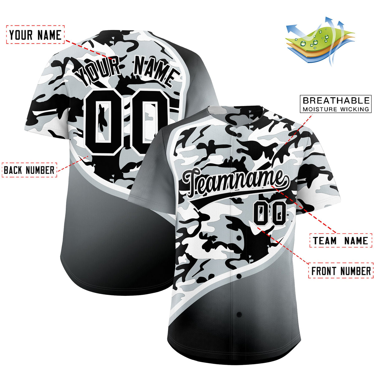 Custom Black Silver White Camo Gradient Fashion Baseball Jersey | Perfect for Training,Sublimation Printed &amp; Stitched,Add Name and Numbern,Perfect for Teams | KXKSHOP