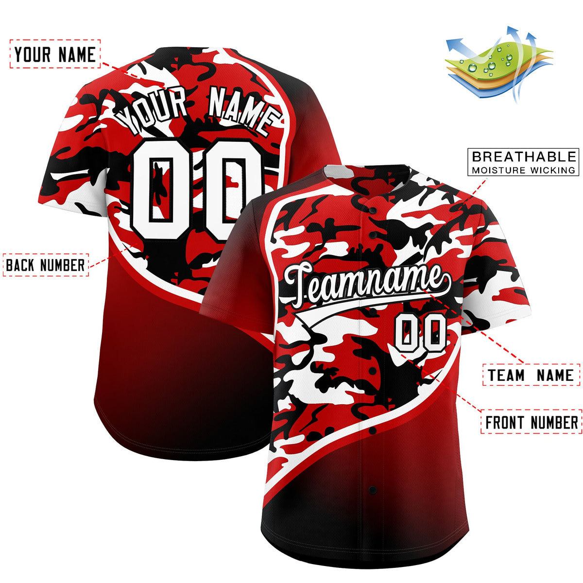 Custom Black White Red Camo Gradient Fashion Baseball Jersey | Perfect for Training,Sublimation Printed &amp; Stitched,Add Name and Numbern,Perfect for Teams | KXKSHOP
