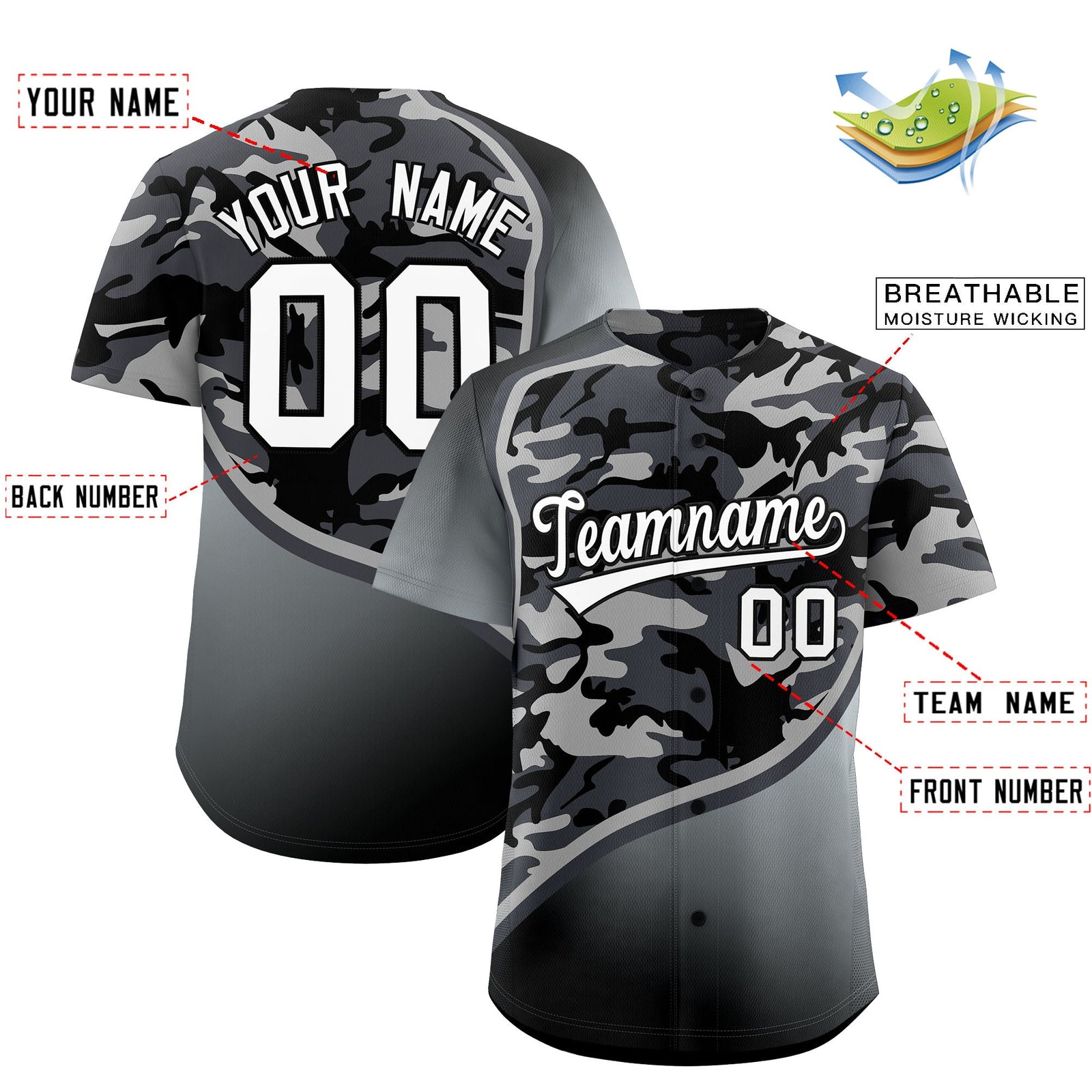 Custom Dark Gray Black Silver Camo Gradient Fashion Baseball Jersey | Perfect for Training,Sublimation Printed & Stitched,Add Name and Numbern,Perfect for Teams | KXKSHOP