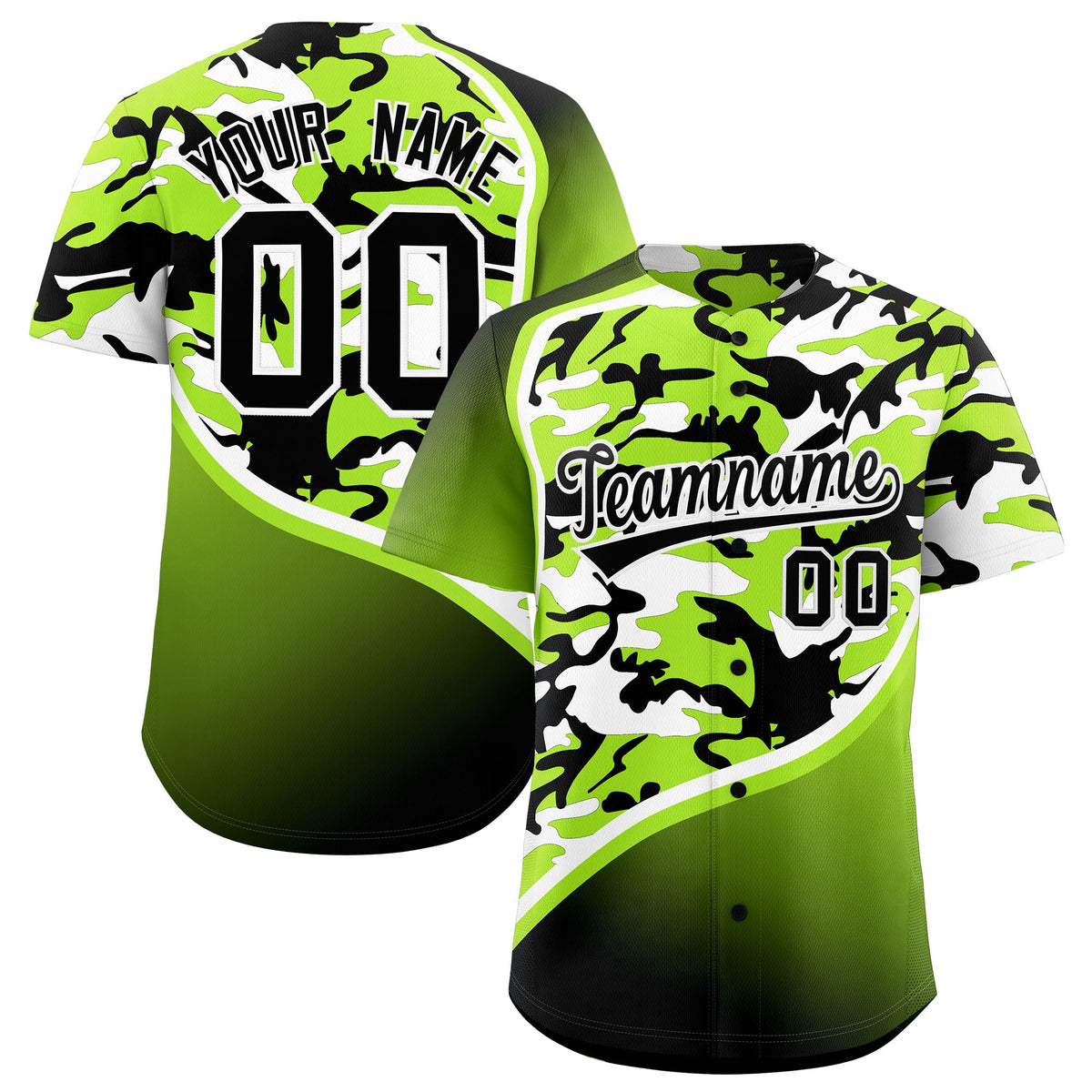 Custom Neon Green Black White Camo Gradient Fashion Baseball Jersey | Perfect for Training,Sublimation Printed &amp; Stitched,Add Name and Numbern,Perfect for Teams | KXKSHOP