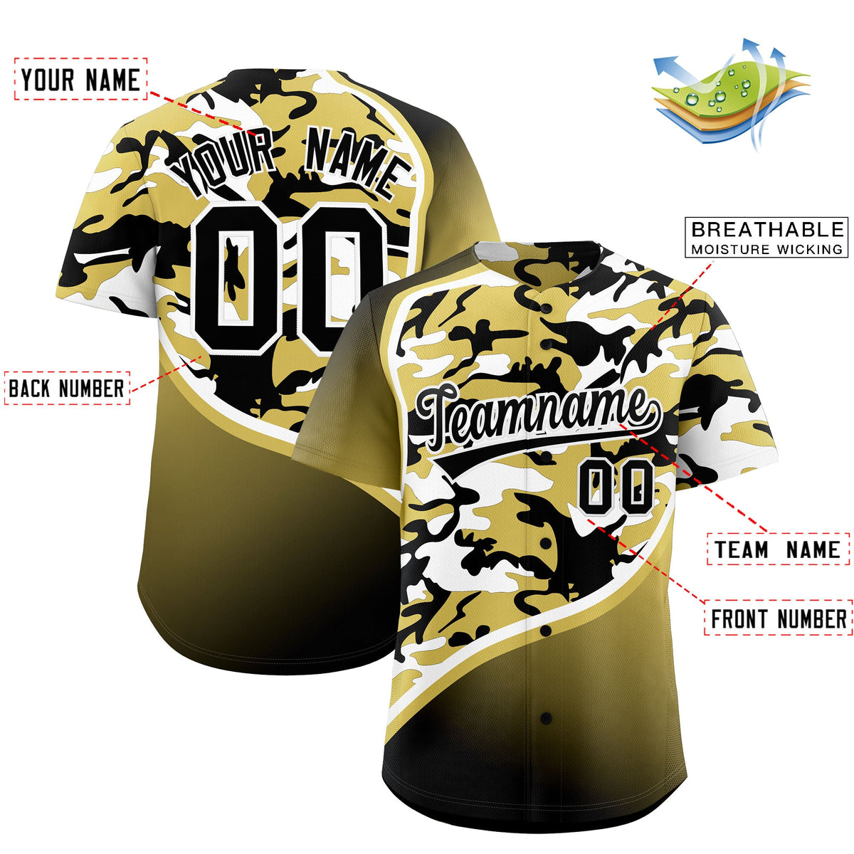 Custom Old Gold Black White Camo Gradient Fashion Baseball Jersey | Perfect for Training,Sublimation Printed &amp; Stitched,Add Name and Numbern,Perfect for Teams | KXKSHOP