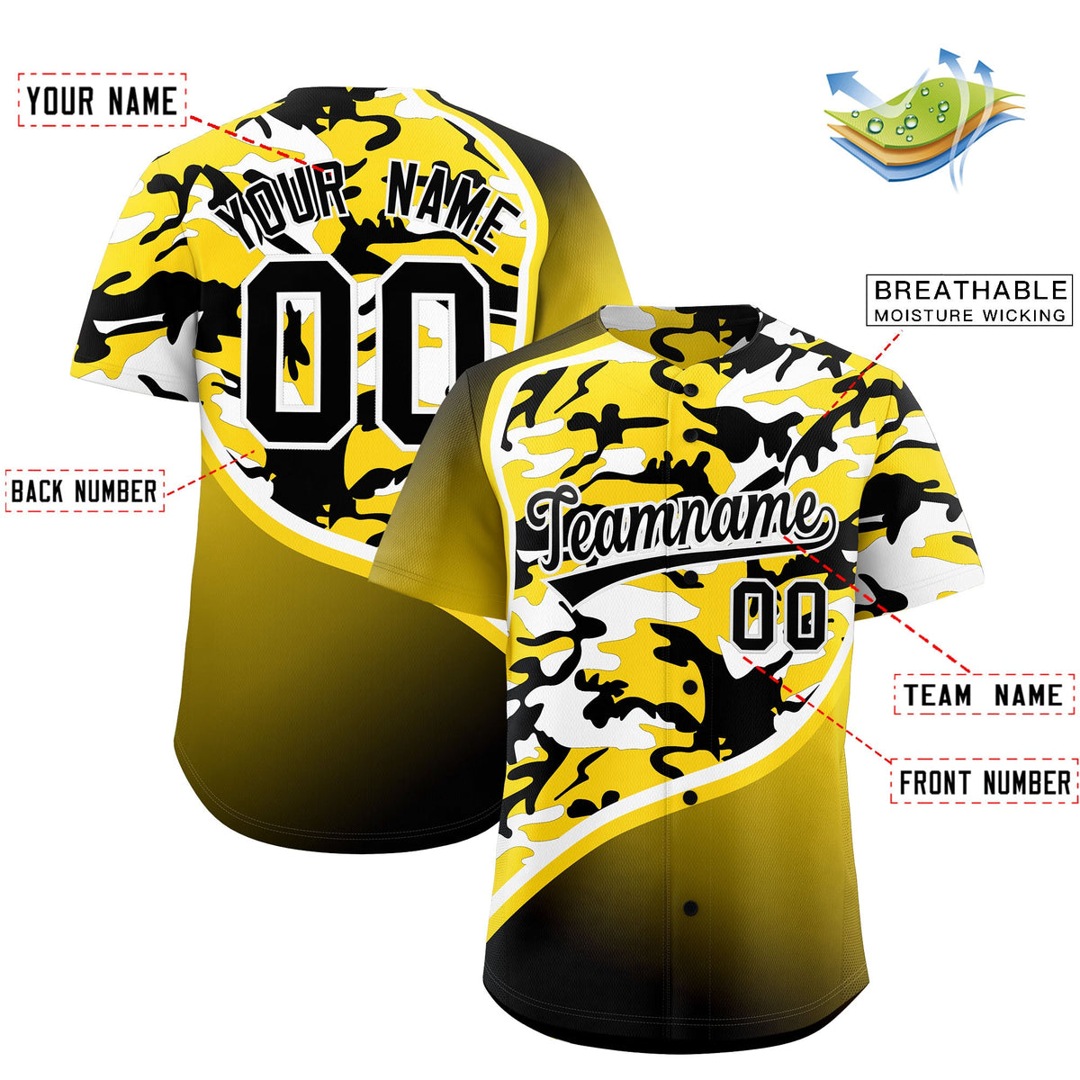 Custom Gold Black White Camo Gradient Fashion Baseball Jersey | Perfect for Training,Sublimation Printed &amp; Stitched,Add Name and Numbern,Perfect for Teams | KXKSHOP