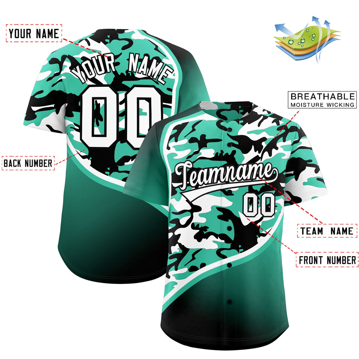 Custom Bright Green Black White Camo Gradient Fashion Baseball Jersey | Perfect for Training,Sublimation Printed &amp; Stitched,Add Name and Numbern,Perfect for Teams | KXKSHOP