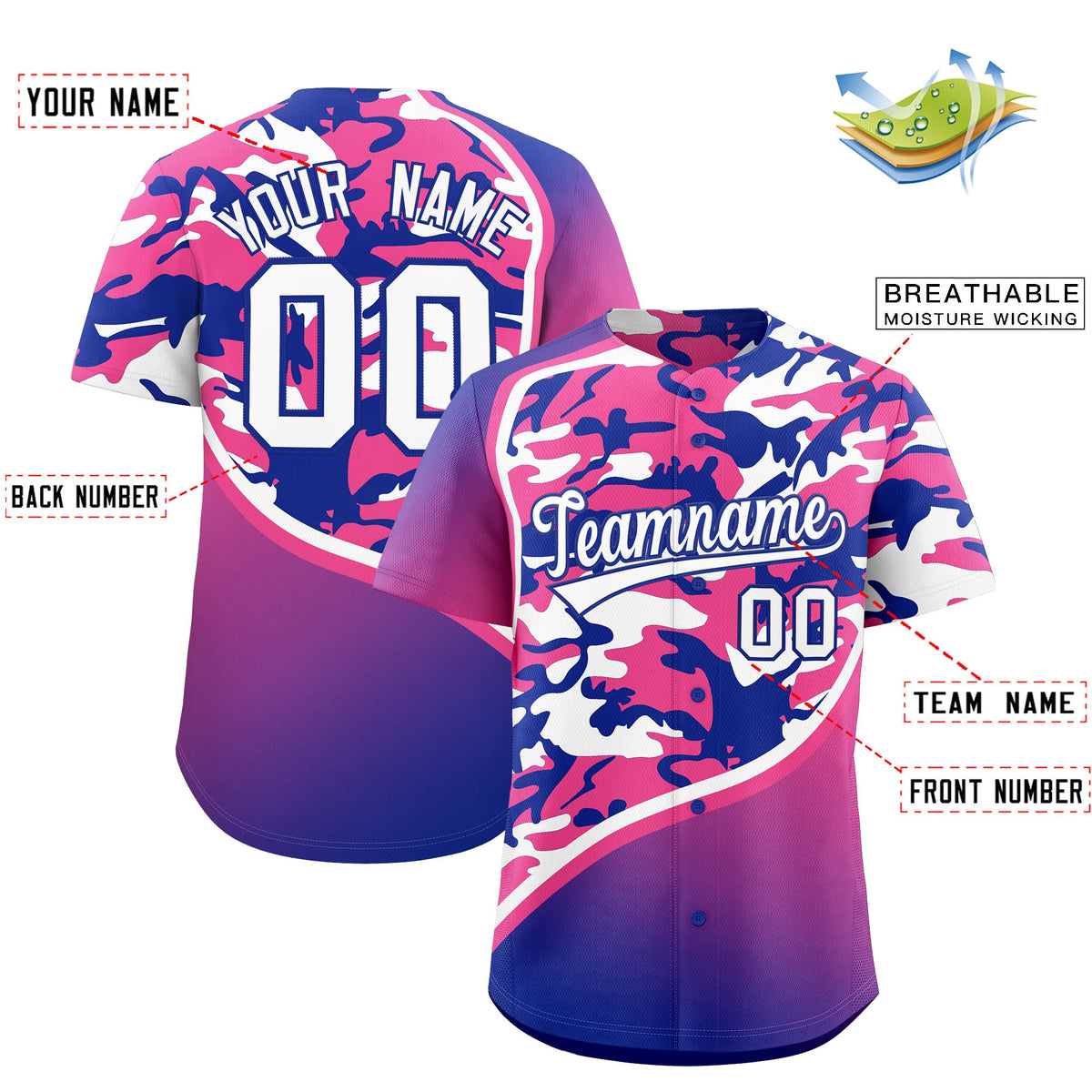 Custom Pink Royal Blue White Camo Gradient Fashion Baseball Jersey | Perfect for Training,Sublimation Printed &amp; Stitched,Add Name and Numbern,Perfect for Teams | KXKSHOP