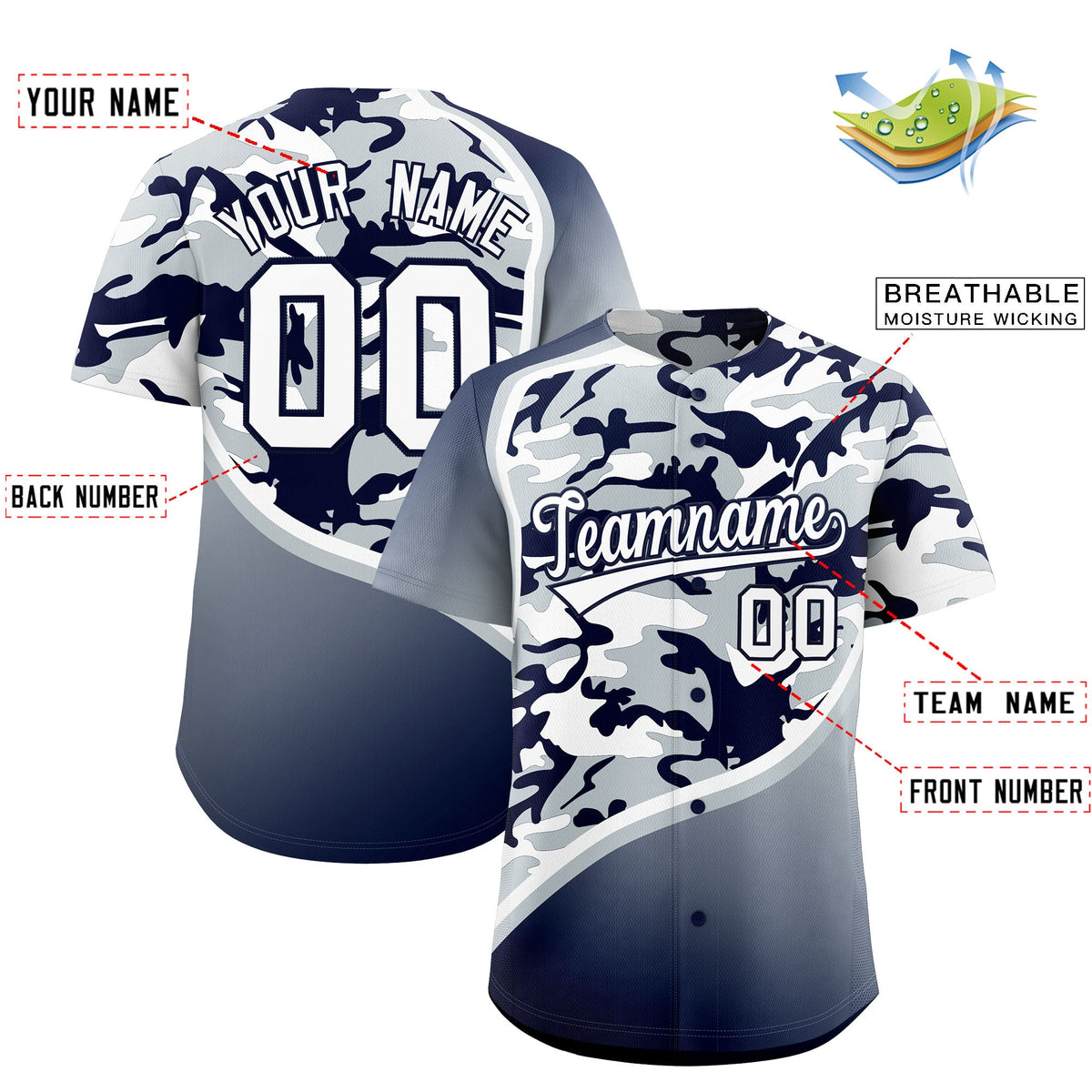 Custom Silver Navy White Camo Gradient Fashion Baseball Jersey | Perfect for Training,Sublimation Printed &amp; Stitched,Add Name and Numbern,Perfect for Teams | KXKSHOP