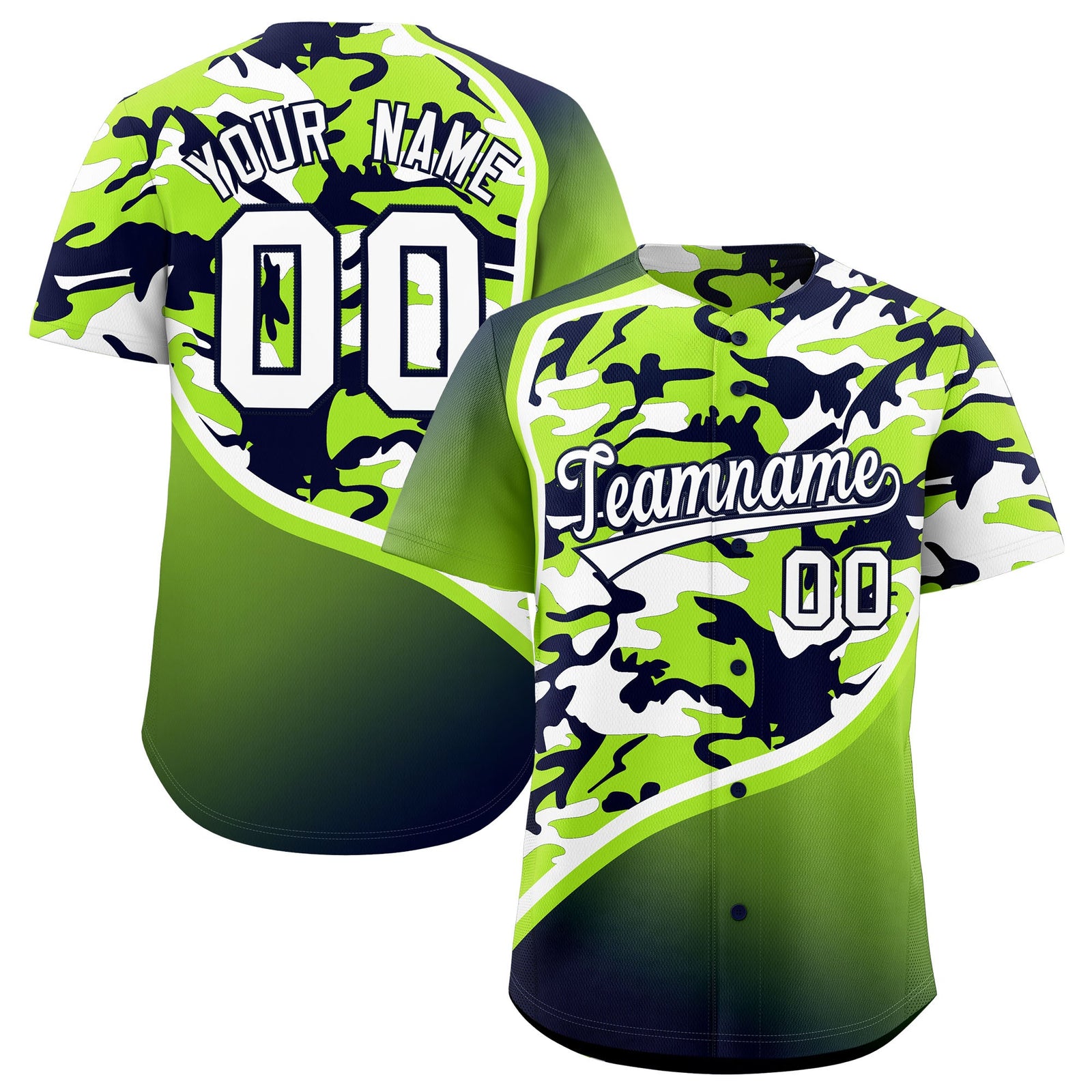 Custom Neon Green Navy White Camo Gradient Fashion Baseball Jersey | Perfect for Training,Sublimation Printed & Stitched,Add Name and Numbern,Perfect for Teams | KXKSHOP
