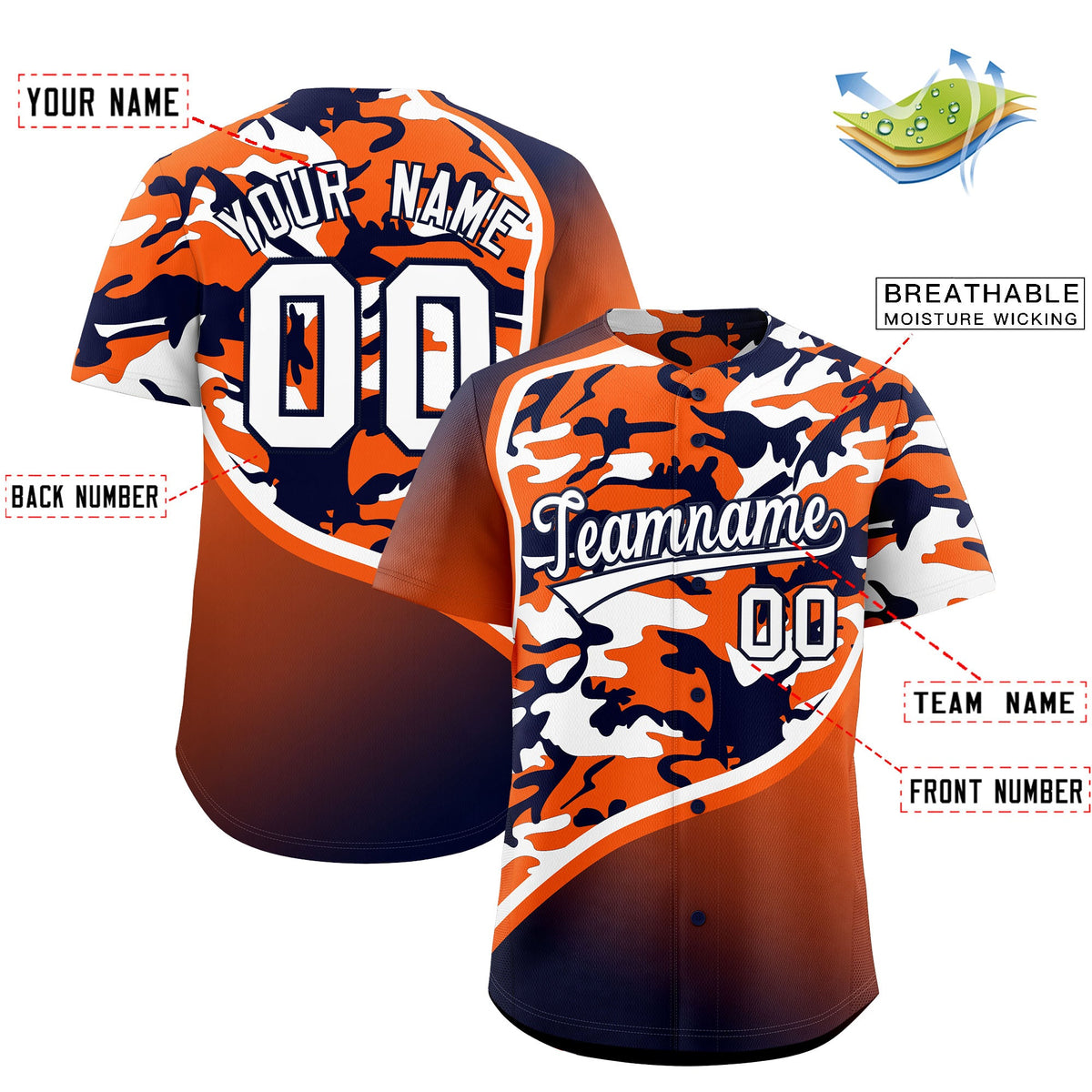Custom Orange Navy White Camo Gradient Fashion Baseball Jersey | Perfect for Training,Sublimation Printed &amp; Stitched,Add Name and Numbern,Perfect for Teams | KXKSHOP