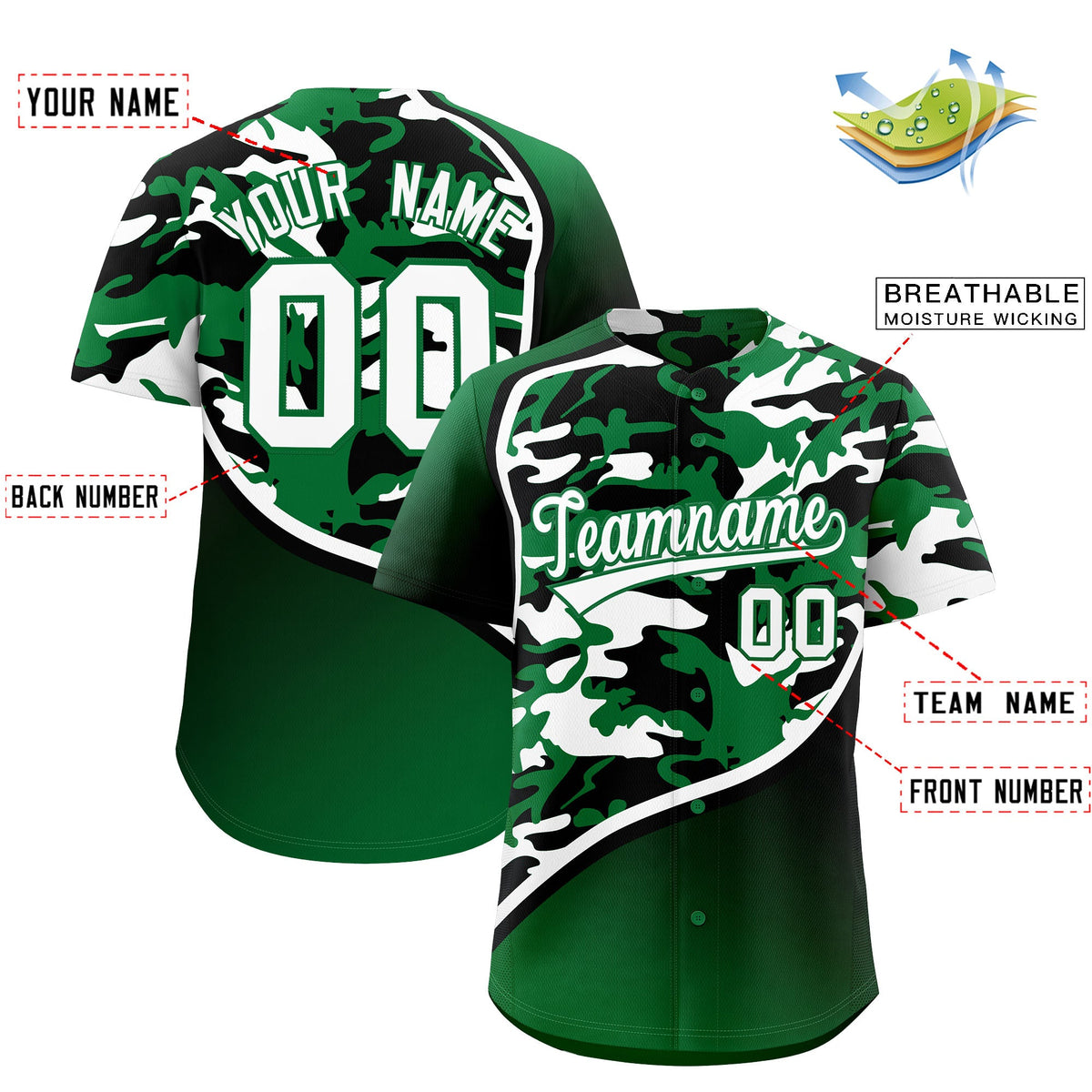 Custom Kelly Green Black White Camo Gradient Fashion Baseball Jersey | Perfect for Training,Sublimation Printed &amp; Stitched,Add Name and Numbern,Perfect for Teams | KXKSHOP