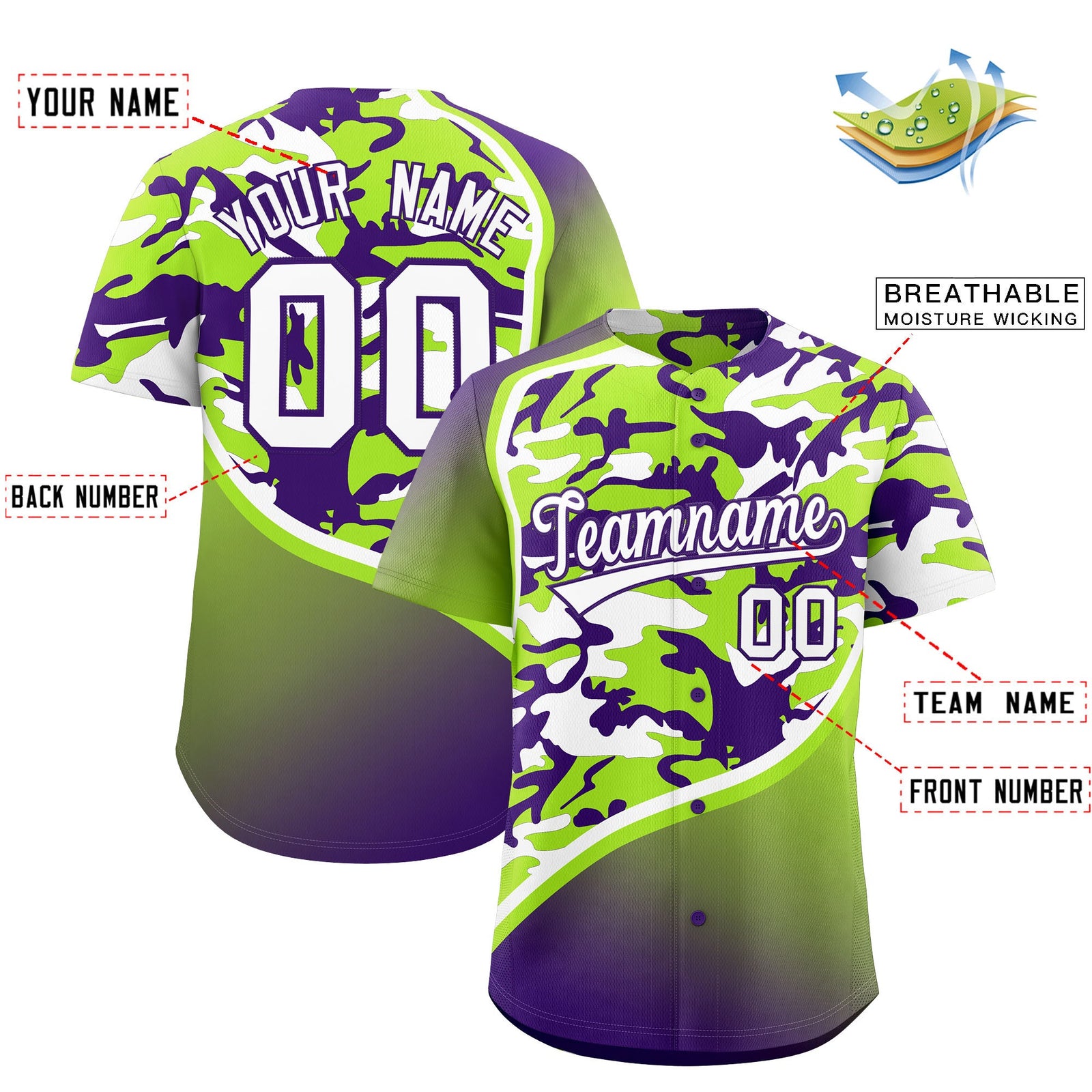 Custom Neon Green Purple White Camo Gradient Fashion Baseball Jersey | Perfect for Training,Sublimation Printed & Stitched,Add Name and Numbern,Perfect for Teams | KXKSHOP