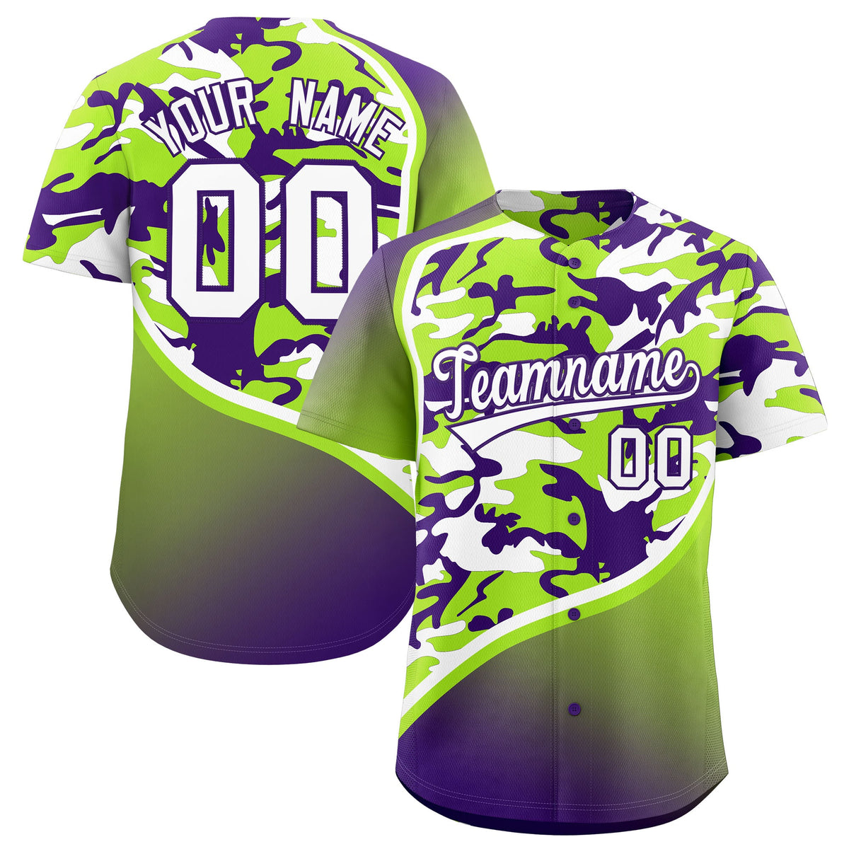 Custom Neon Green Purple White Camo Gradient Fashion Baseball Jersey | Perfect for Training,Sublimation Printed &amp; Stitched,Add Name and Numbern,Perfect for Teams | KXKSHOP