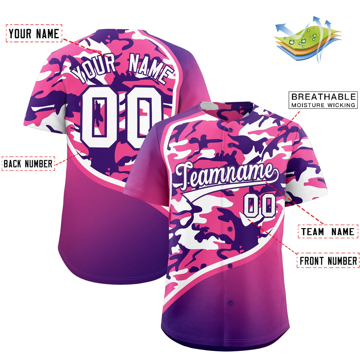 Custom Pink Purple White Camo Gradient Fashion Baseball Jersey | Perfect for Training,Sublimation Printed &amp; Stitched,Add Name and Numbern,Perfect for Teams | KXKSHOP