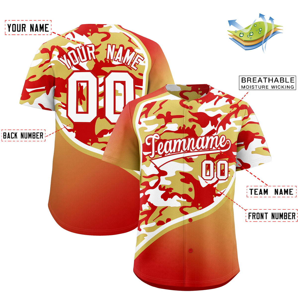 Custom Old Gold Red White Camo Gradient Fashion Baseball Jersey | Perfect for Training,Sublimation Printed &amp; Stitched,Add Name and Numbern,Perfect for Teams | KXKSHOP
