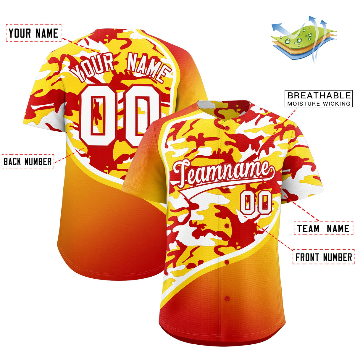 Custom Gold Red White Camo Gradient Fashion Baseball Jersey | Perfect for Training,Sublimation Printed &amp; Stitched,Add Name and Numbern,Perfect for Teams | KXKSHOP
