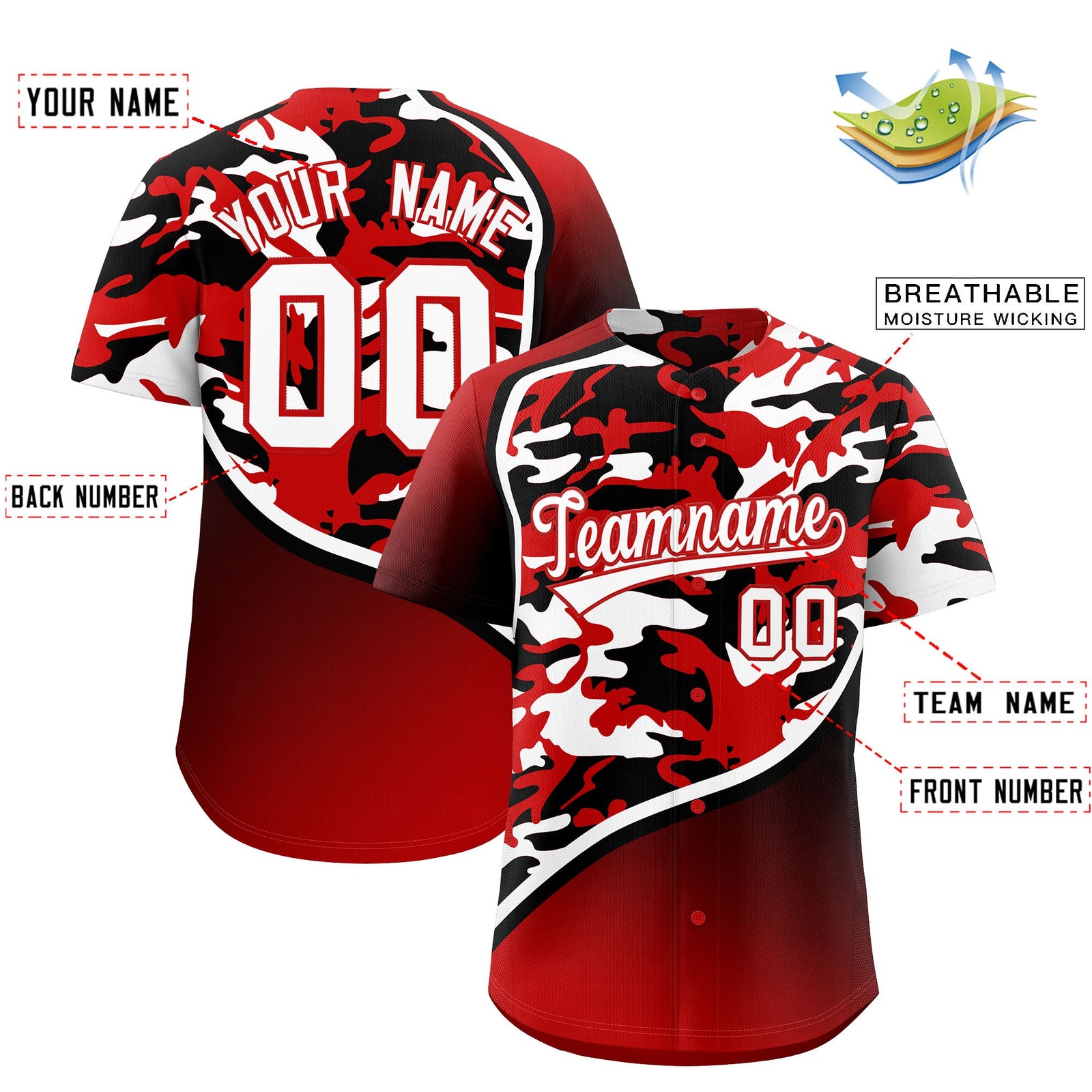 Custom Red Black White Camo Gradient Fashion Baseball Jersey | Perfect for Training,Sublimation Printed & Stitched,Add Name and Numbern,Perfect for Teams | KXKSHOP