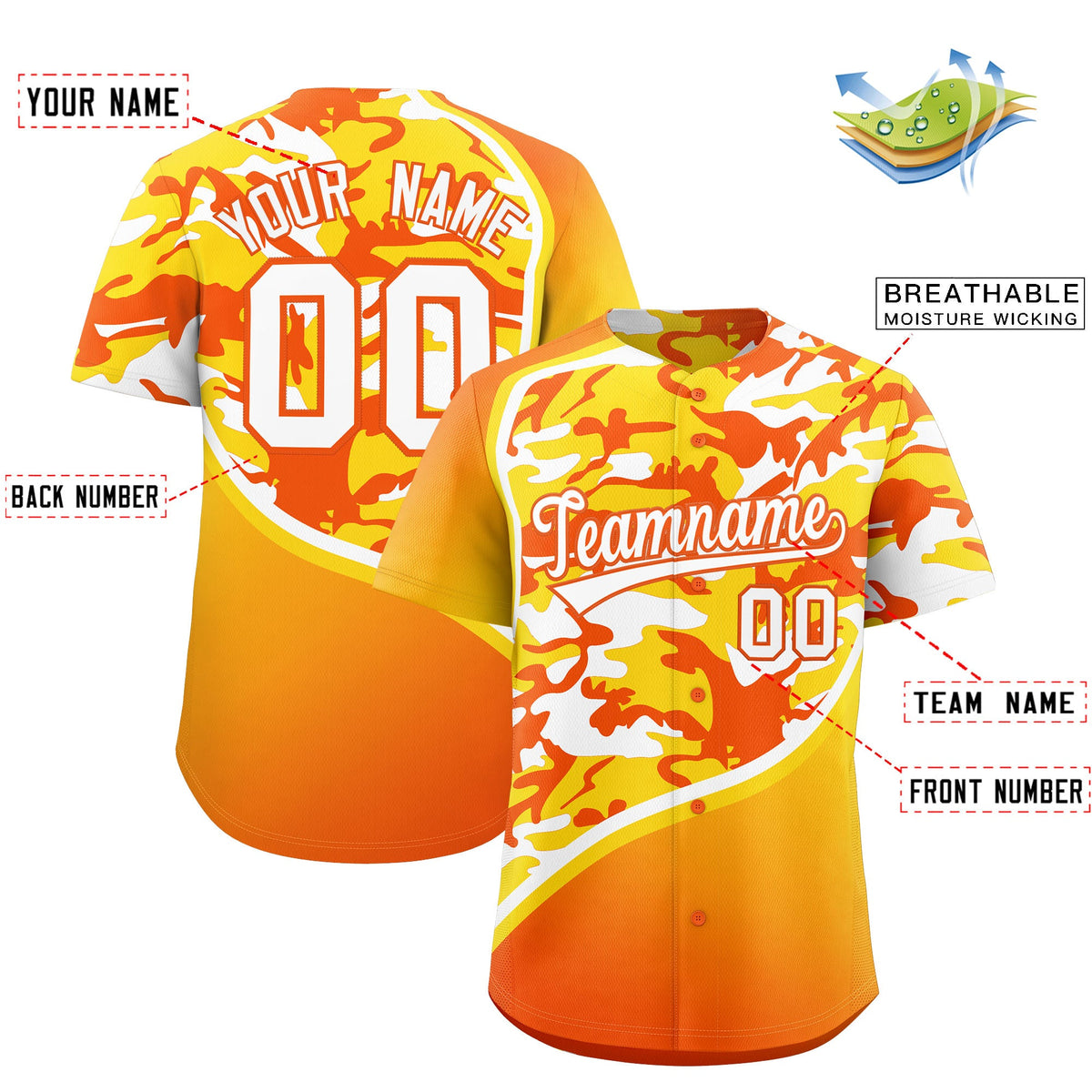 Custom Gold Orange White Camo Gradient Fashion Baseball Jersey | Perfect for Training,Sublimation Printed &amp; Stitched,Add Name and Numbern,Perfect for Teams | KXKSHOP