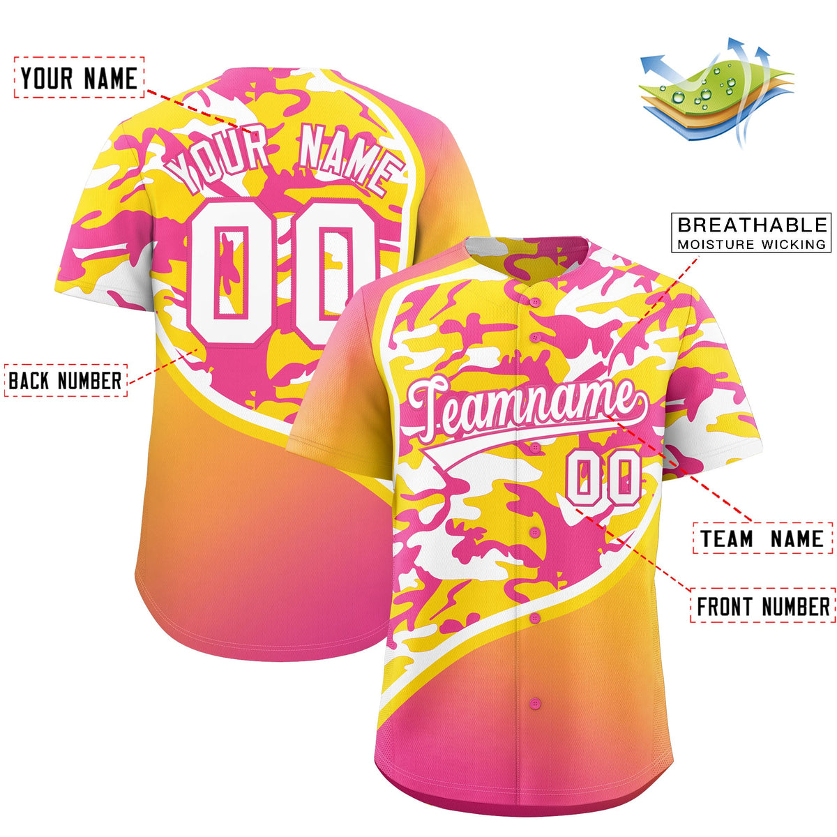 Custom Gold Pink White Camo Gradient Fashion Baseball Jersey | Perfect for Training,Sublimation Printed &amp; Stitched,Add Name and Numbern,Perfect for Teams | KXKSHOP