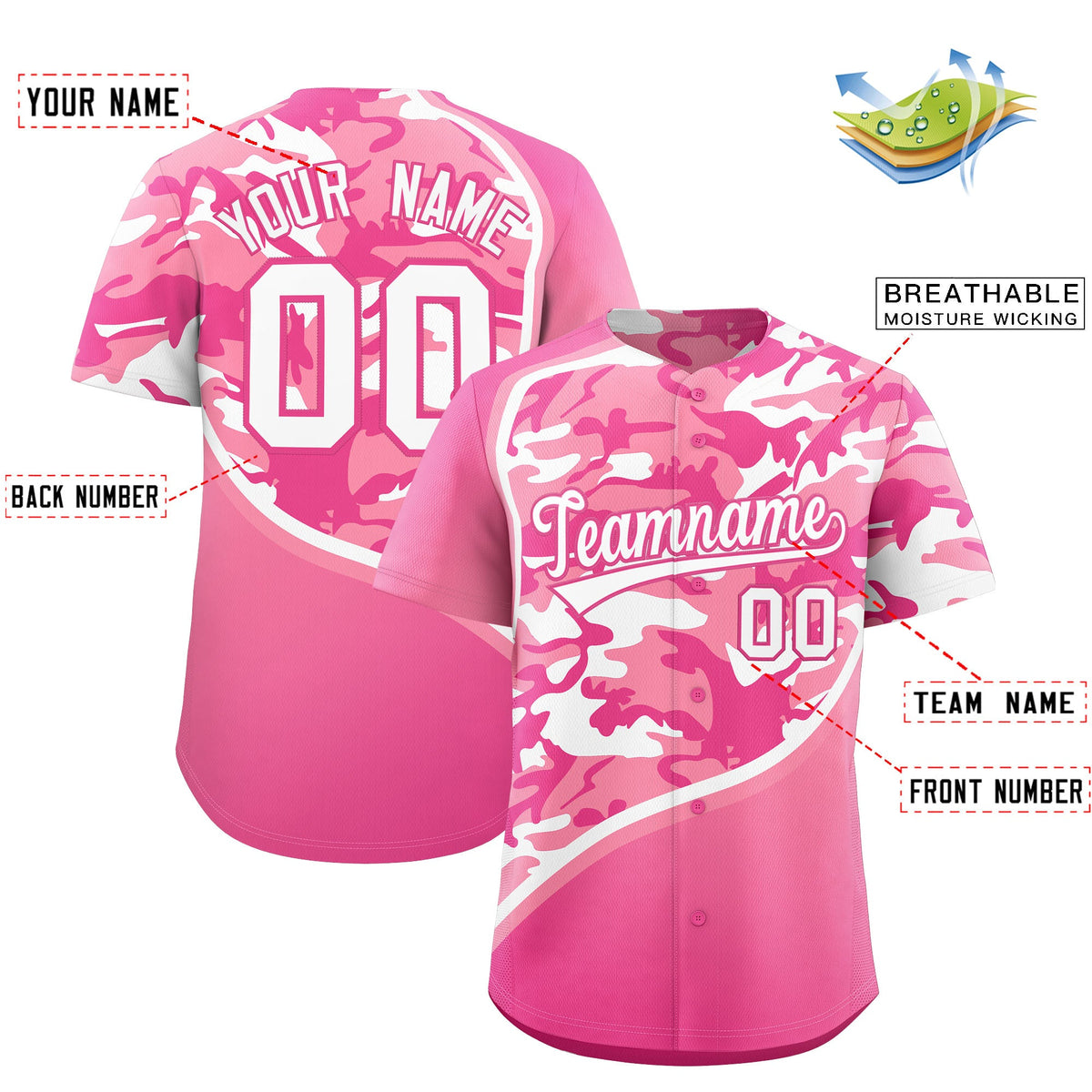Custom Light Pink Pink White Camo Gradient Fashion Baseball Jersey | Perfect for Training,Sublimation Printed &amp; Stitched,Add Name and Numbern,Perfect for Teams | KXKSHOP