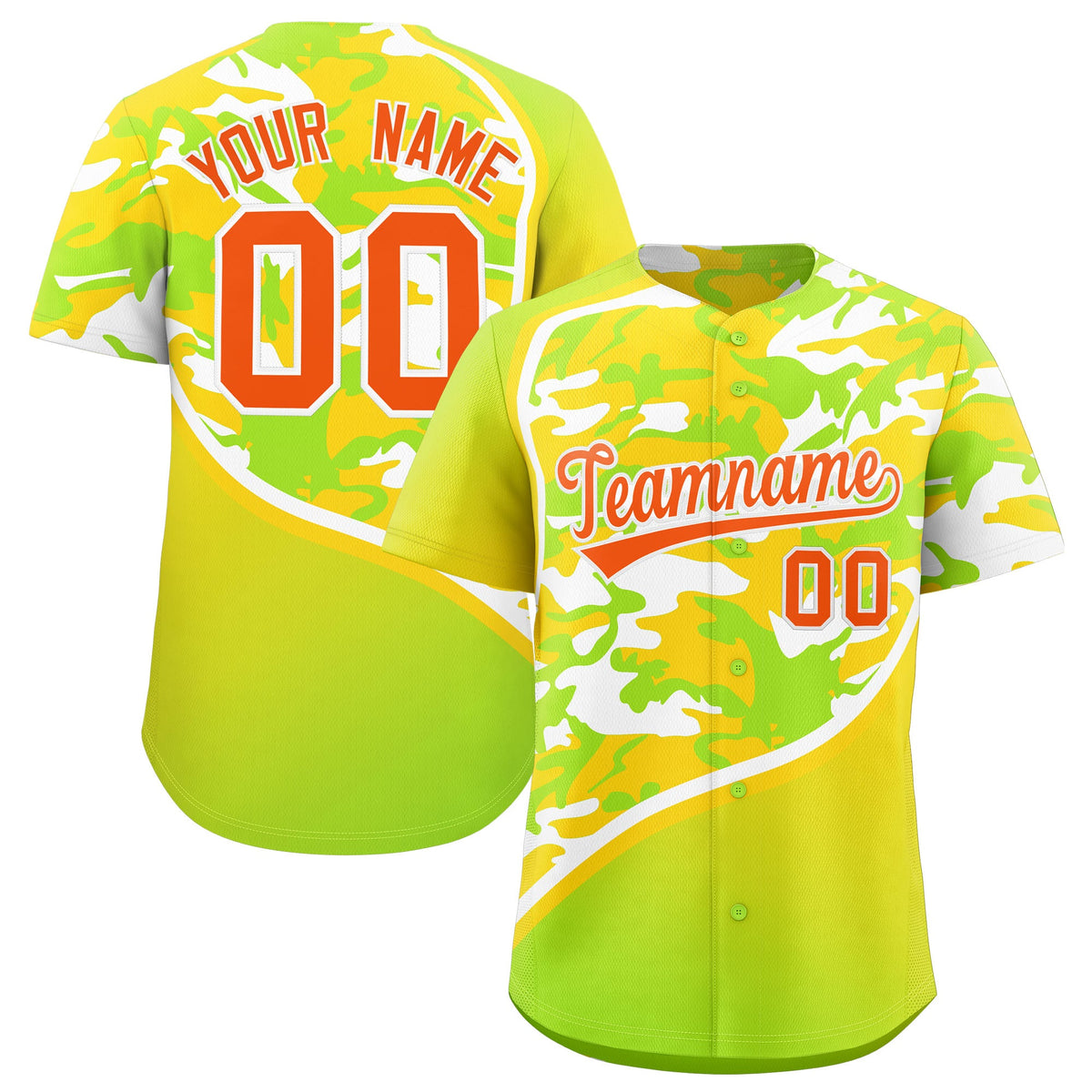 Custom Neon Green Gold White Camo Gradient Fashion Baseball Jersey | Perfect for Training,Sublimation Printed &amp; Stitched,Add Name and Numbern,Perfect for Teams | KXKSHOP