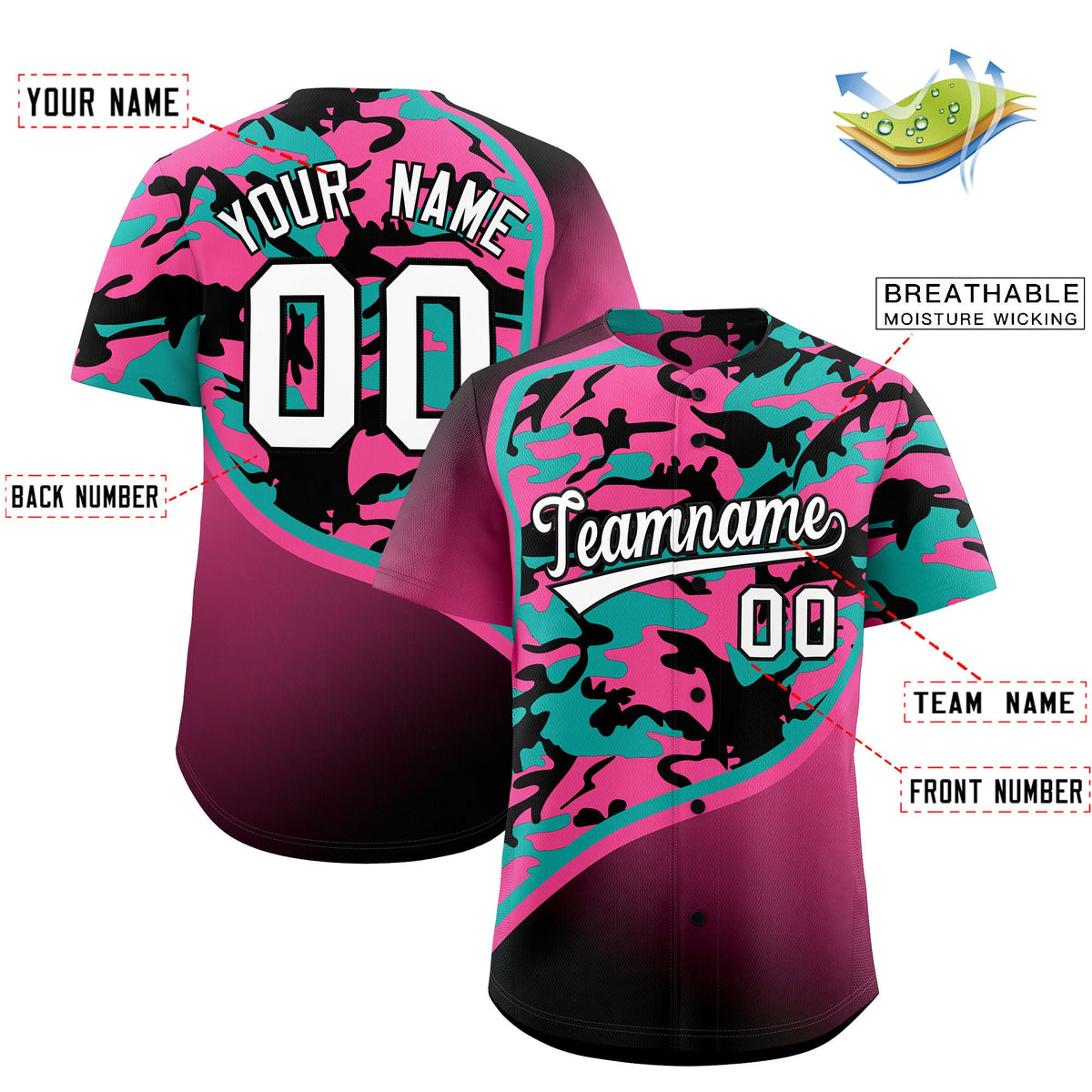 Custom Aqua Pink Black Camo Gradient Fashion Baseball Jersey | Perfect for Training,Sublimation Printed &amp; Stitched,Add Name and Numbern,Perfect for Teams | KXKSHOP