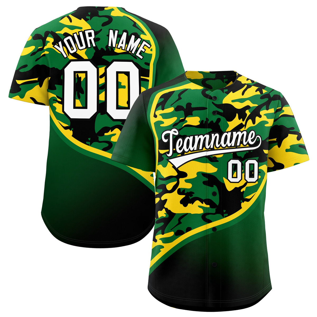 Custom Kelly Green Gold Black Camo Gradient Fashion Baseball Jersey | Perfect for Training,Sublimation Printed &amp; Stitched,Add Name and Numbern,Perfect for Teams | KXKSHOP