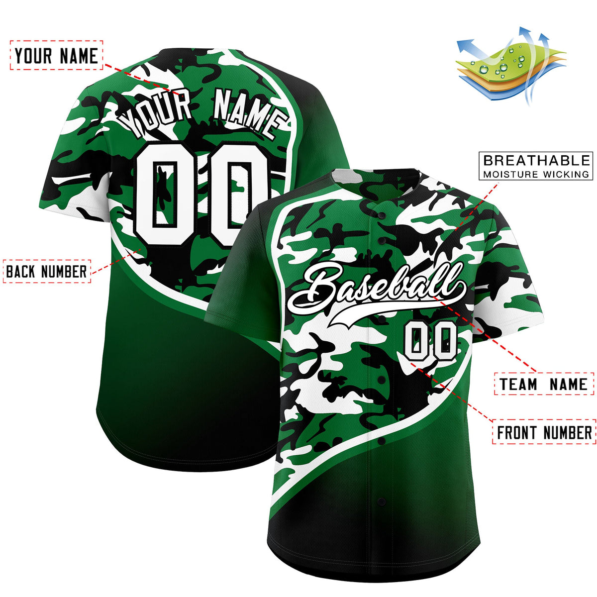 Custom Kelly Green White Black Camo Gradient Fashion Baseball Jersey | Perfect for Training,Sublimation Printed &amp; Stitched,Add Name and Numbern,Perfect for Teams | KXKSHOP