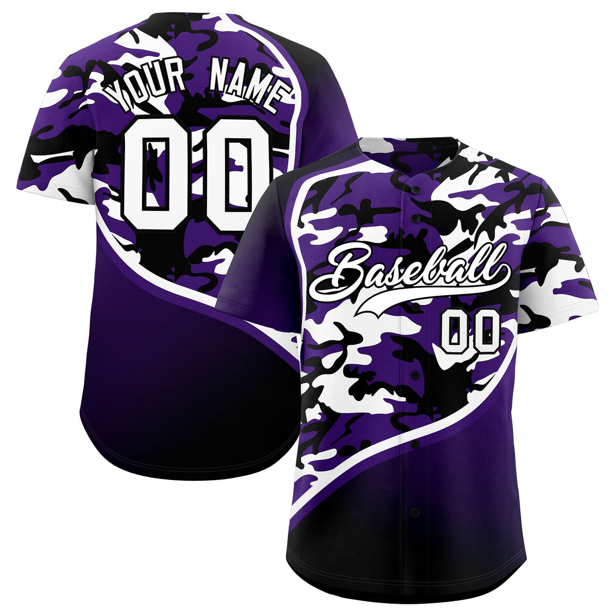 Custom Purple White Black Camo Gradient Fashion Baseball Jersey | Perfect for Training,Sublimation Printed &amp; Stitched,Add Name and Numbern,Perfect for Teams | KXKSHOP