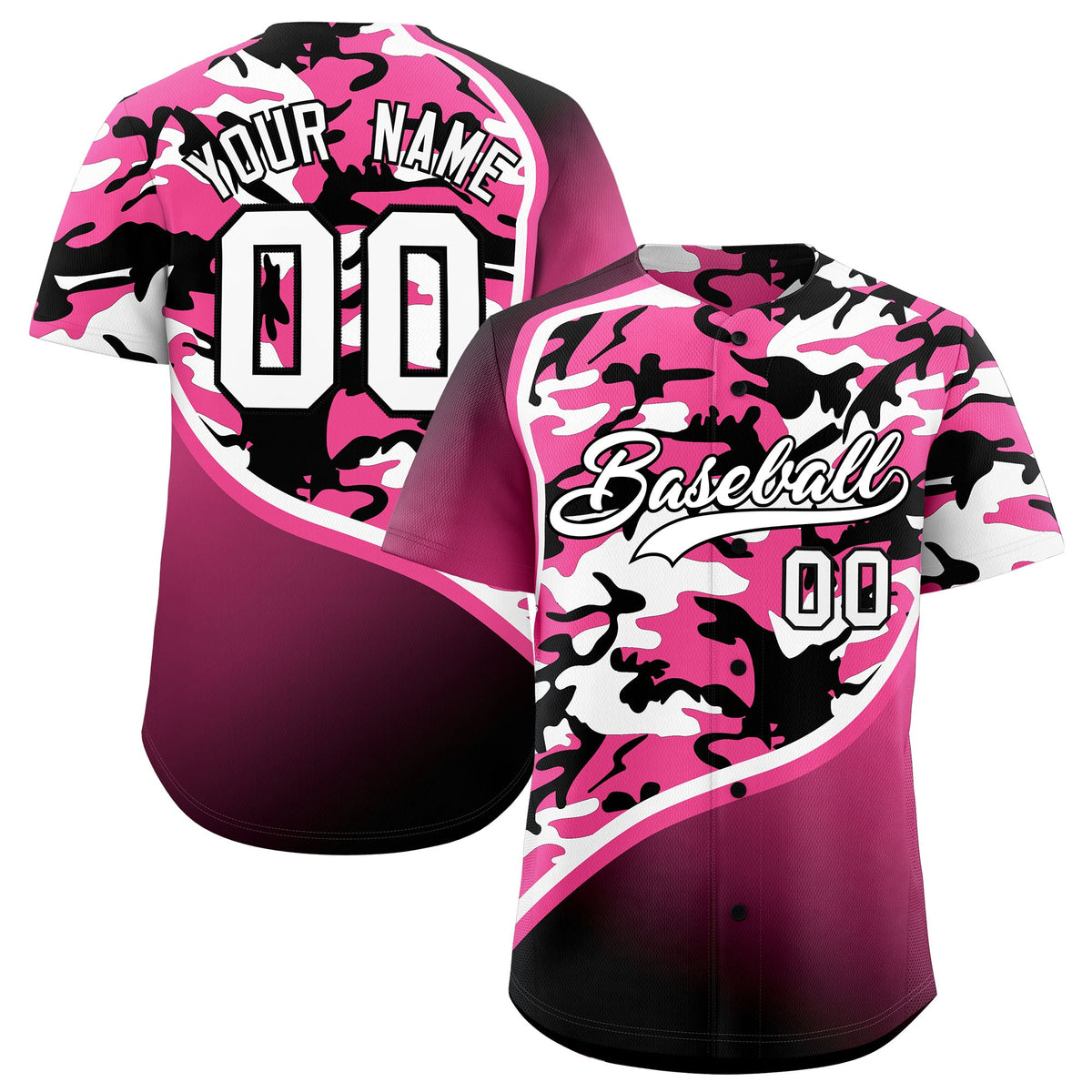 Custom Pink Black White Camo Gradient Fashion Baseball Jersey | Perfect for Training,Sublimation Printed &amp; Stitched,Add Name and Numbern,Perfect for Teams | KXKSHOP