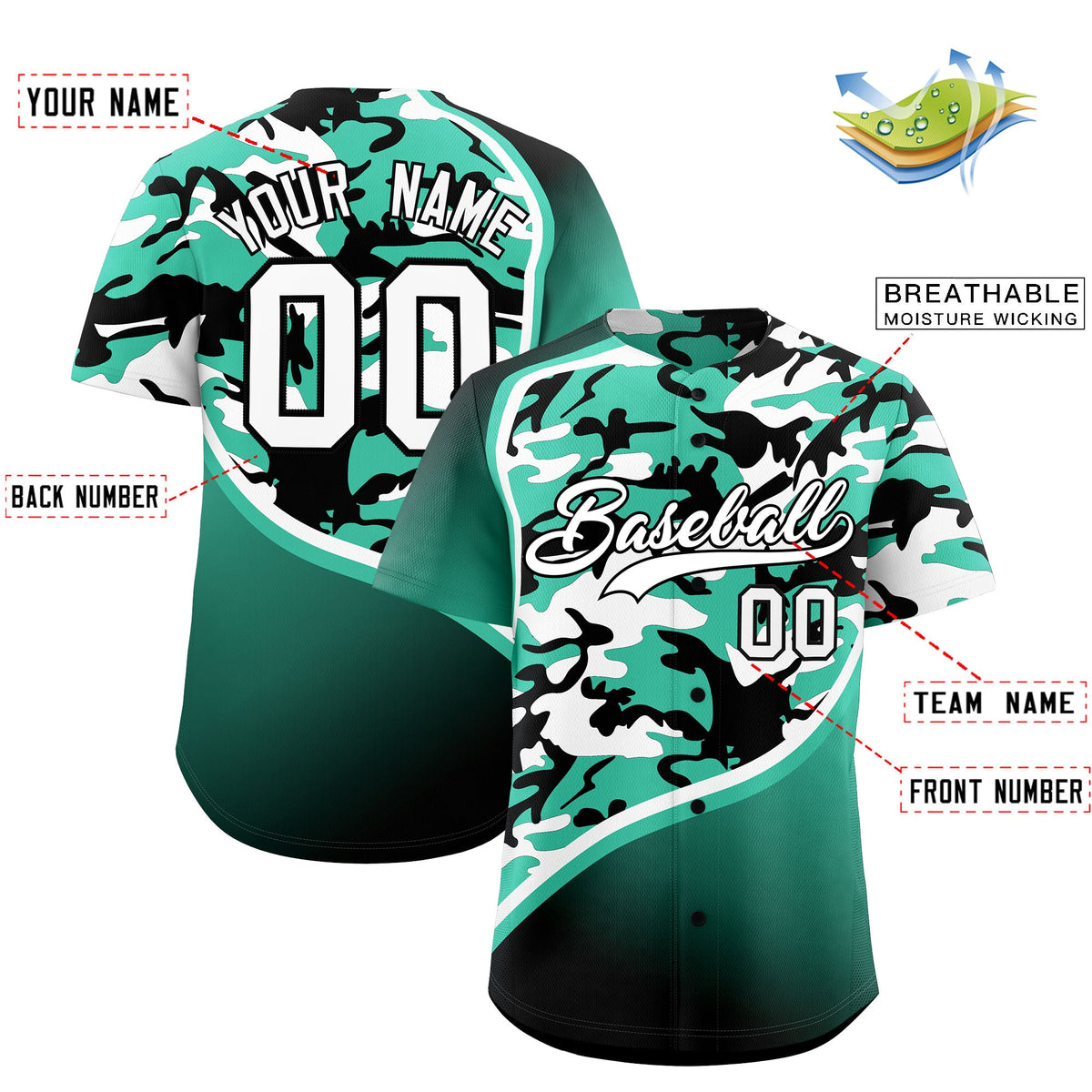 Custom Bright Green Black White Camo Gradient Fashion Baseball Jersey | Perfect for Training,Sublimation Printed &amp; Stitched,Add Name and Numbern,Perfect for Teams | KXKSHOP