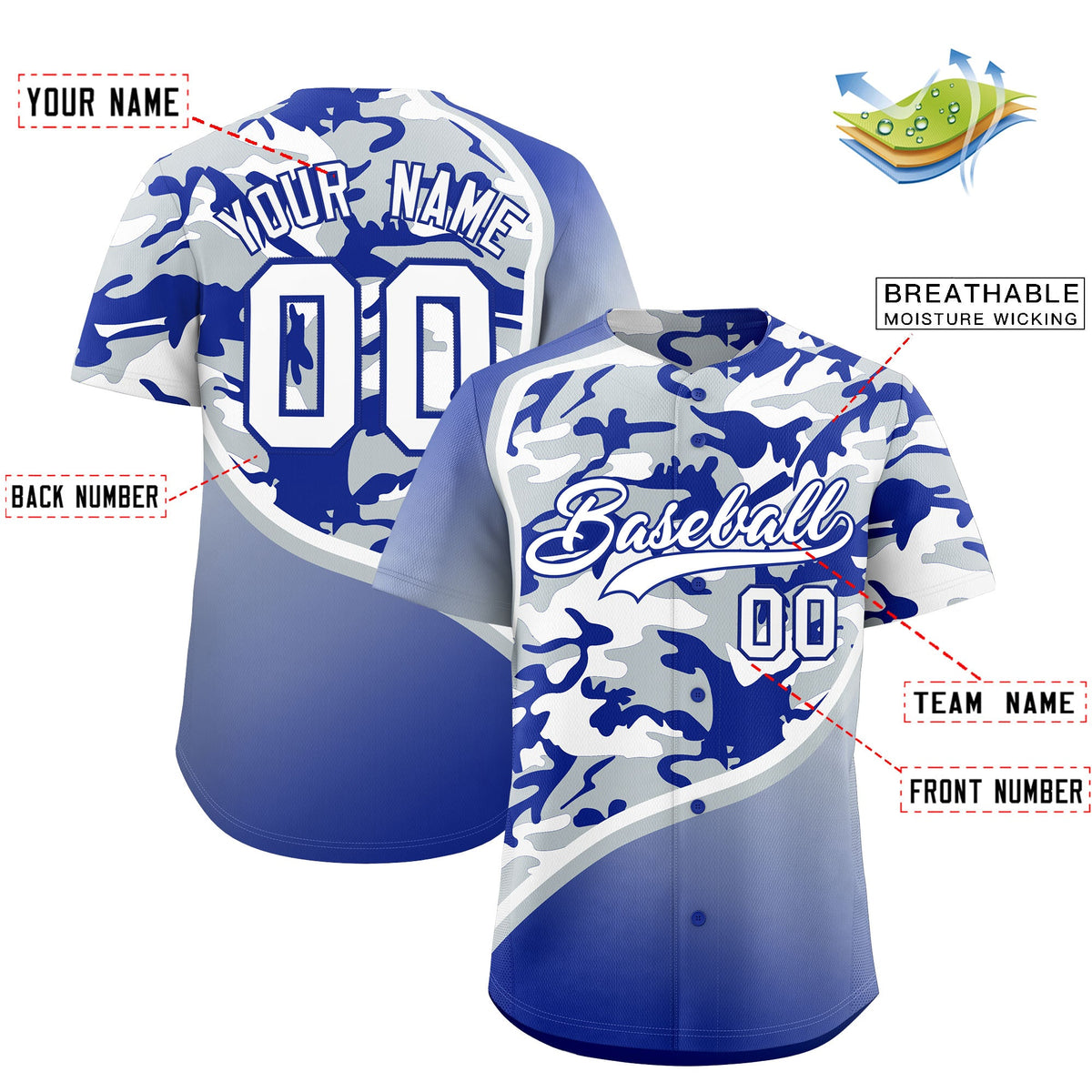 Custom Silver Royal Blue White Camo Gradient Fashion Baseball Jersey | Perfect for Training,Sublimation Printed &amp; Stitched,Add Name and Numbern,Perfect for Teams | KXKSHOP