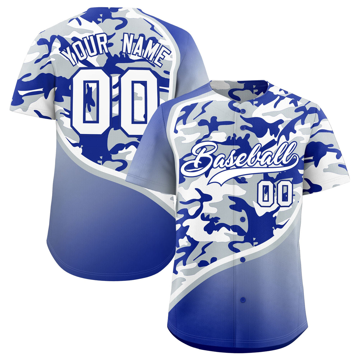 Custom Silver Royal Blue White Camo Gradient Fashion Baseball Jersey | Perfect for Training,Sublimation Printed &amp; Stitched,Add Name and Numbern,Perfect for Teams | KXKSHOP