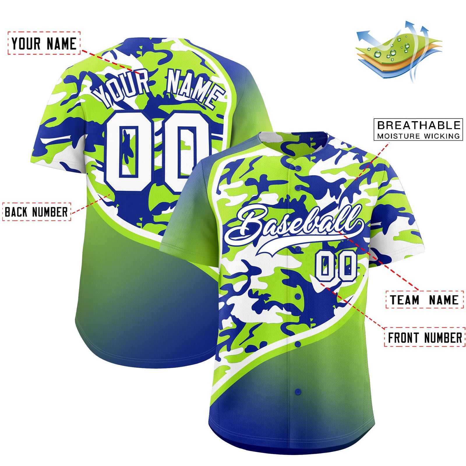 Custom Neon Green Royal Blue White Camo Gradient Fashion Baseball Jersey | Perfect for Training,Sublimation Printed & Stitched,Add Name and Numbern,Perfect for Teams | KXKSHOP